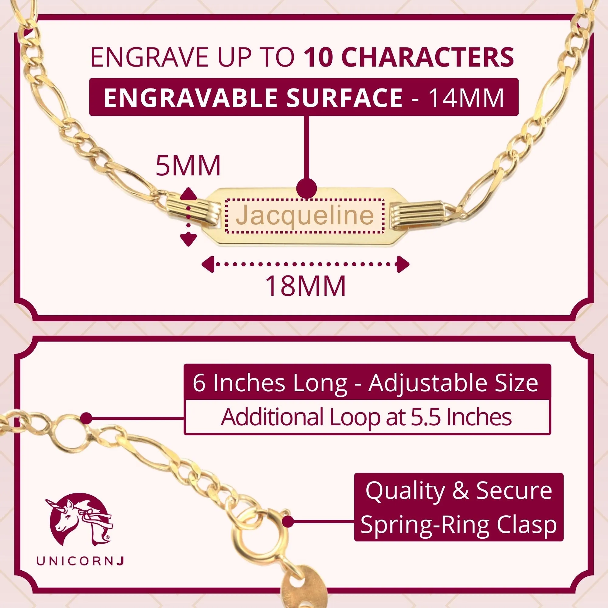 14k Gold Engravable ID Bracelet on Figaro Chain for Kids, Boys, and Girls, Made in Italy