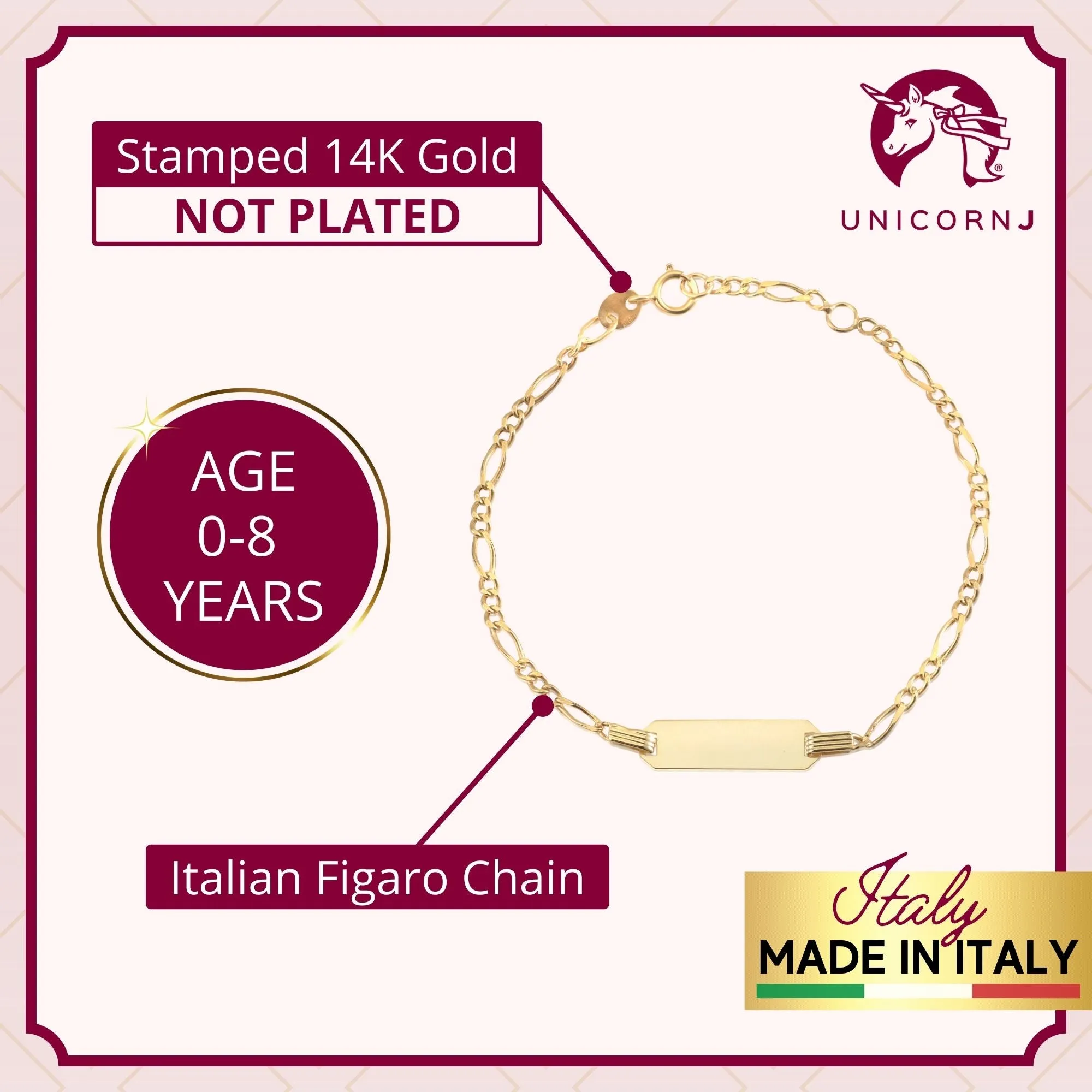 14k Gold Engravable ID Bracelet on Figaro Chain for Kids, Boys, and Girls, Made in Italy