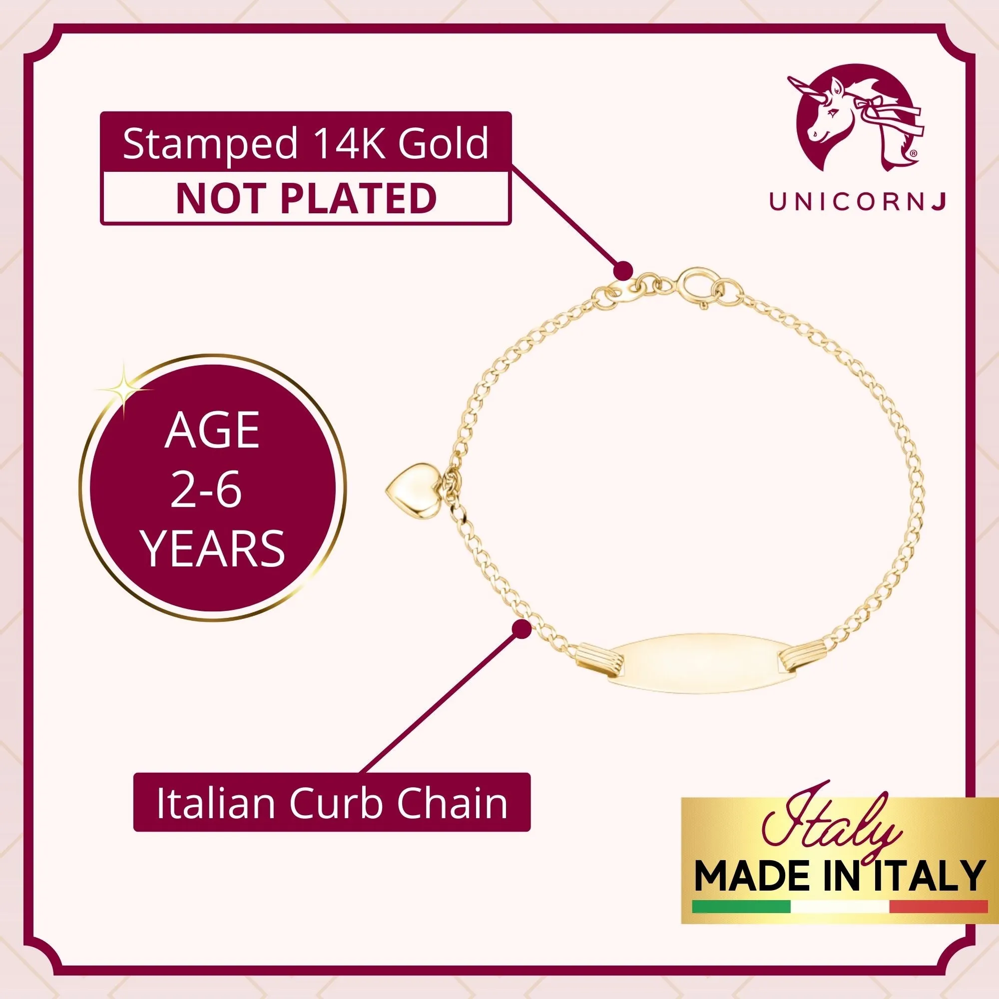 Italian 14k Gold Engravable ID Bracelet with Heart Charm for Kids