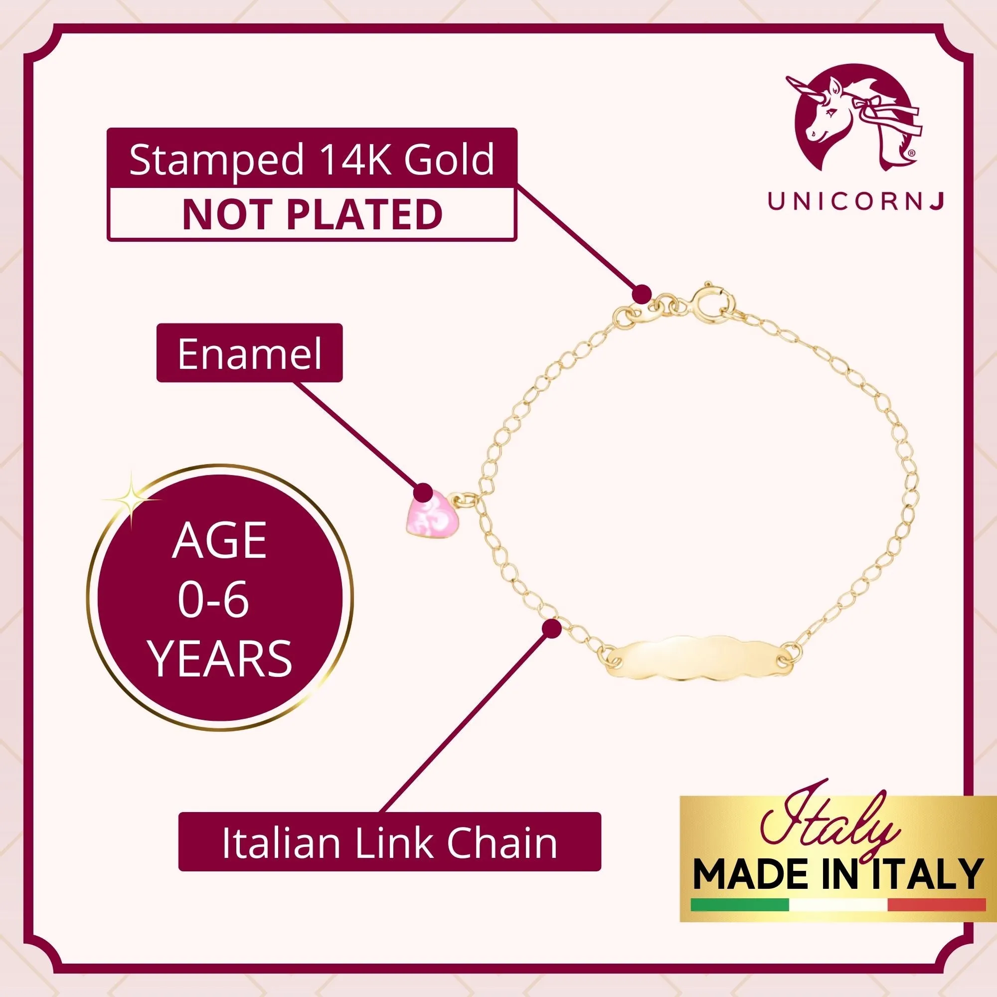 Italian 14k Gold Engravable ID Bracelet with Heart Charm for Kids