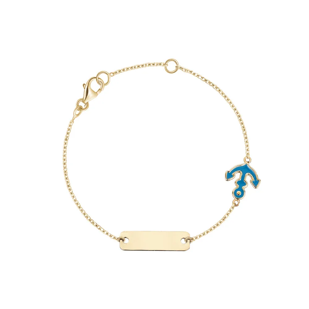 Italian 14K Yellow Gold ID Bracelet for Kids with Blue Anchor Charm