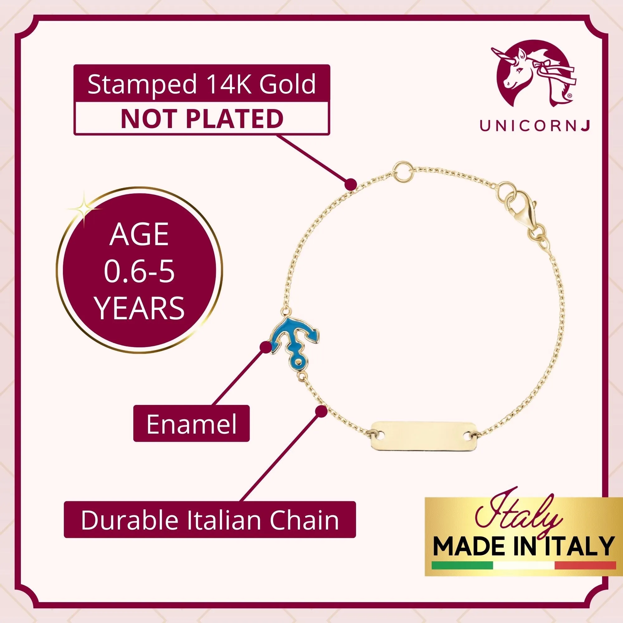 Italian 14K Yellow Gold ID Bracelet for Kids with Blue Anchor Charm