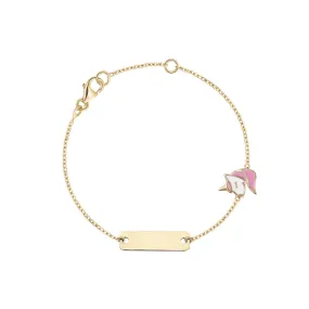 14K Yellow Gold Kids Girls ID Bracelet Cute Unicorn Charm Pink Enamel Italy