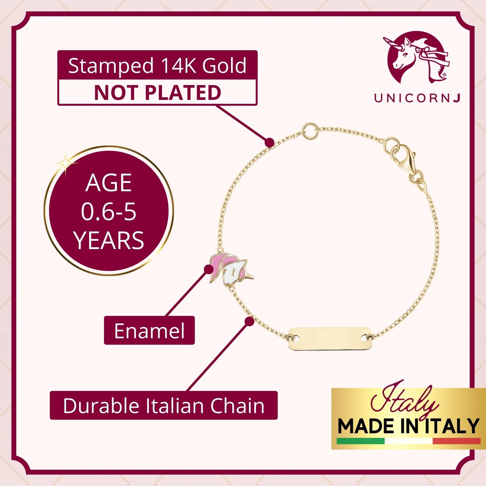 14K Yellow Gold Kids Girls ID Bracelet Cute Unicorn Charm Pink Enamel Italy