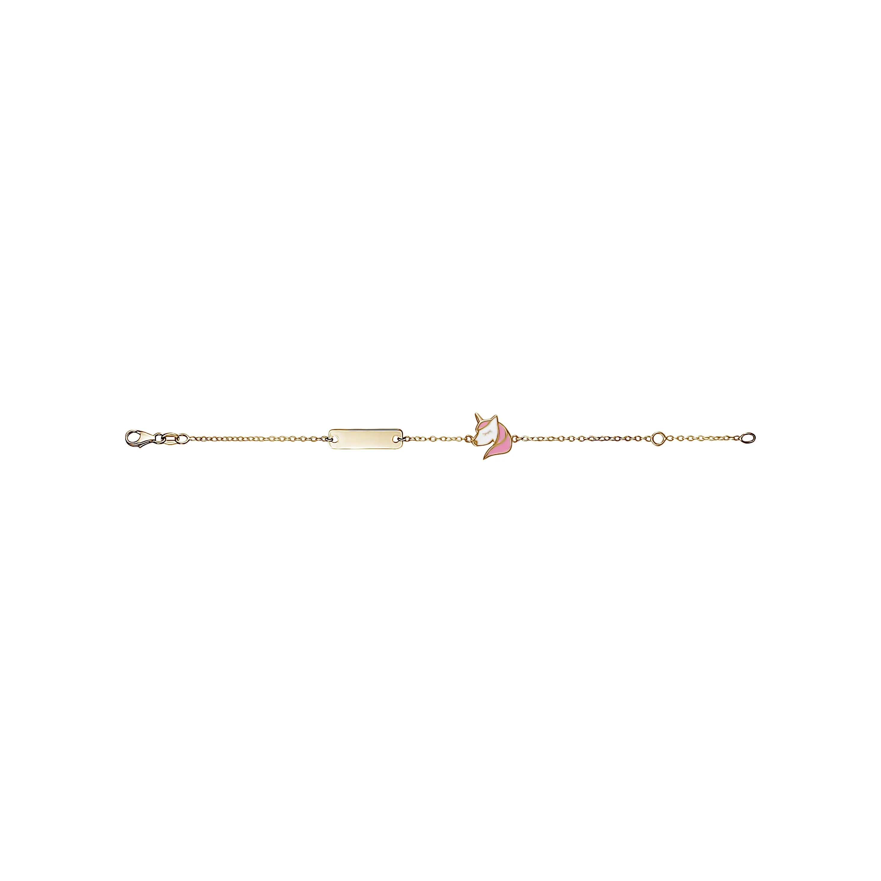 14K Yellow Gold Kids Girls ID Bracelet Cute Unicorn Charm Pink Enamel Italy