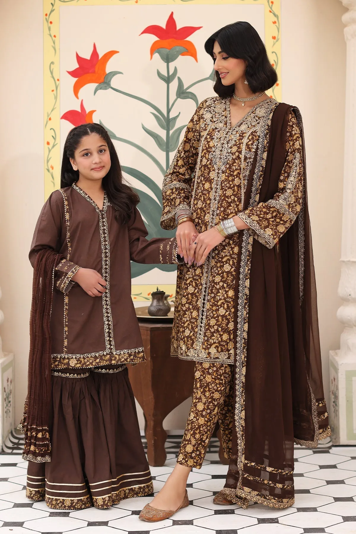 3-Piece Embroidered Cotton Shirt Set with Organza Dupatta for Kids