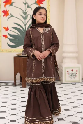 3-Piece Embroidered Cotton Shirt Set with Organza Dupatta for Kids