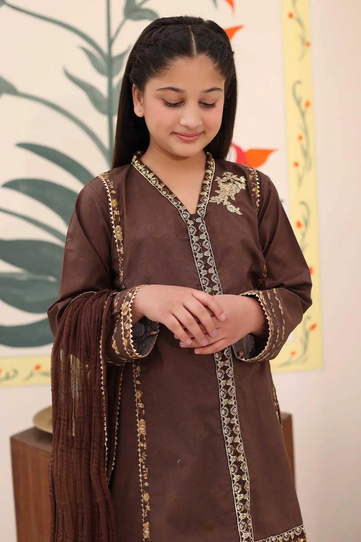 3-Piece Embroidered Cotton Shirt Set with Organza Dupatta for Kids