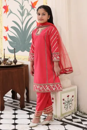 Kids 3-Piece Embroidered Cotton Shirt Set with Organza Dupatta