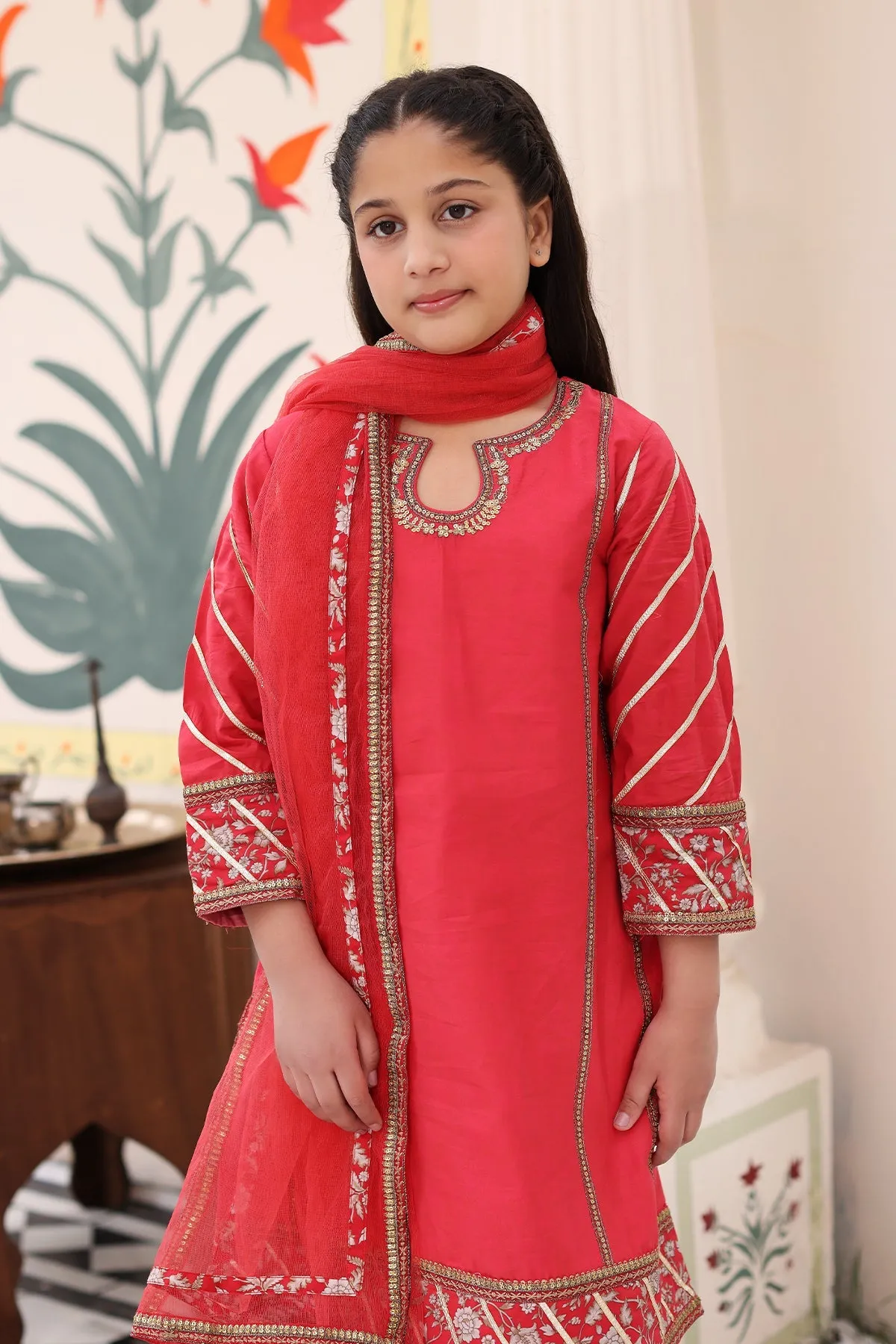 Kids 3-Piece Embroidered Cotton Shirt Set with Organza Dupatta