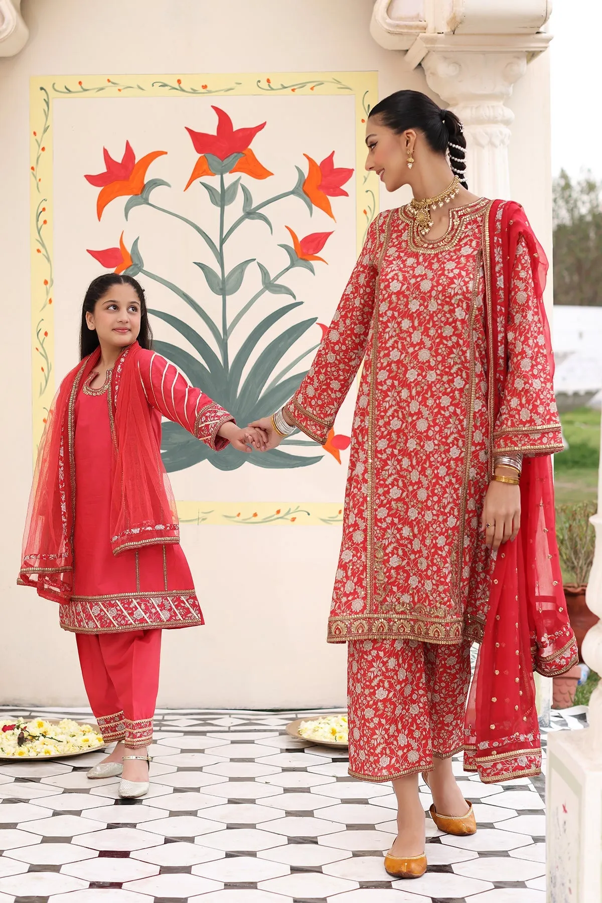 Kids 3-Piece Embroidered Cotton Shirt Set with Organza Dupatta