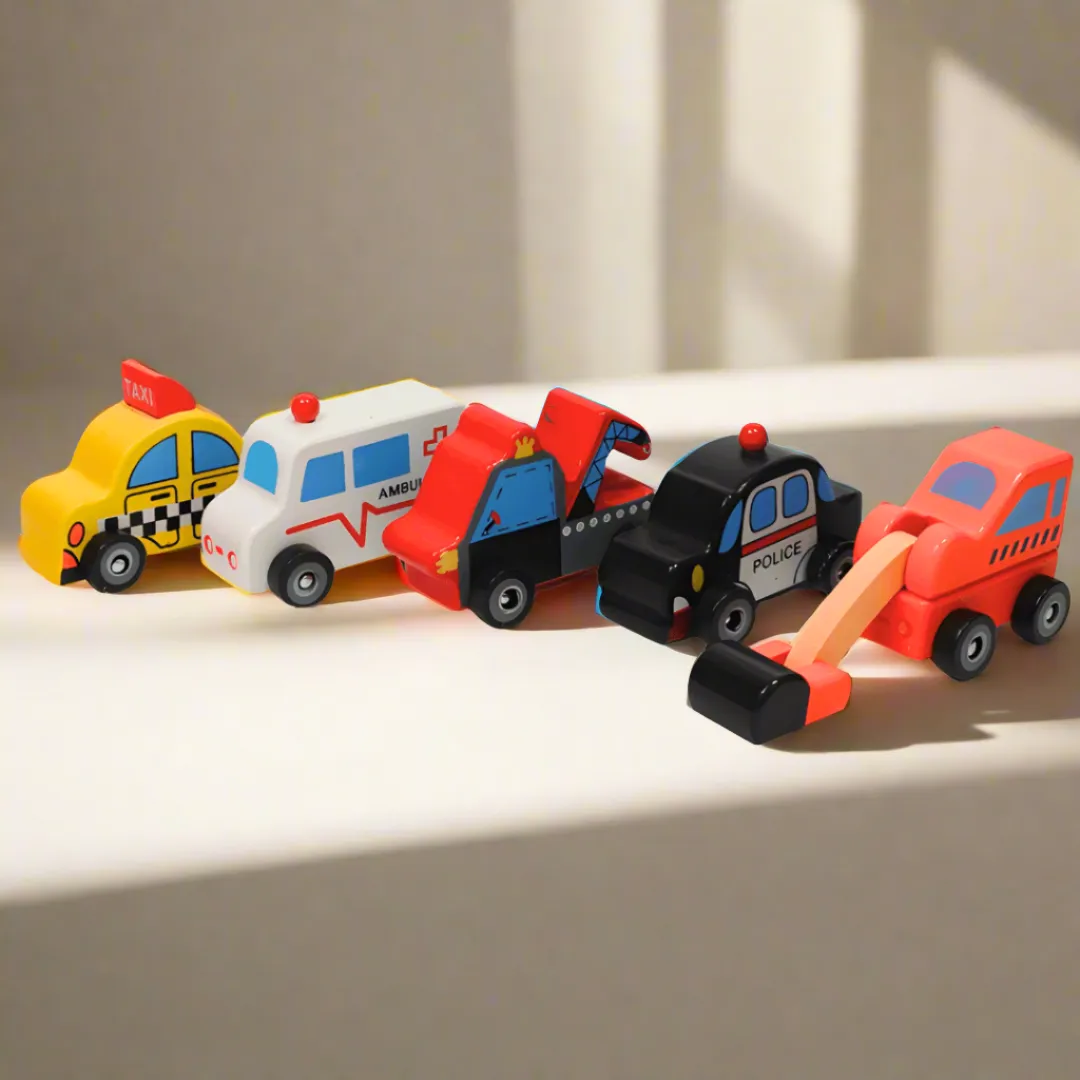 Set of 5 Adorable Medium Wooden Cars for Kids Age 3+