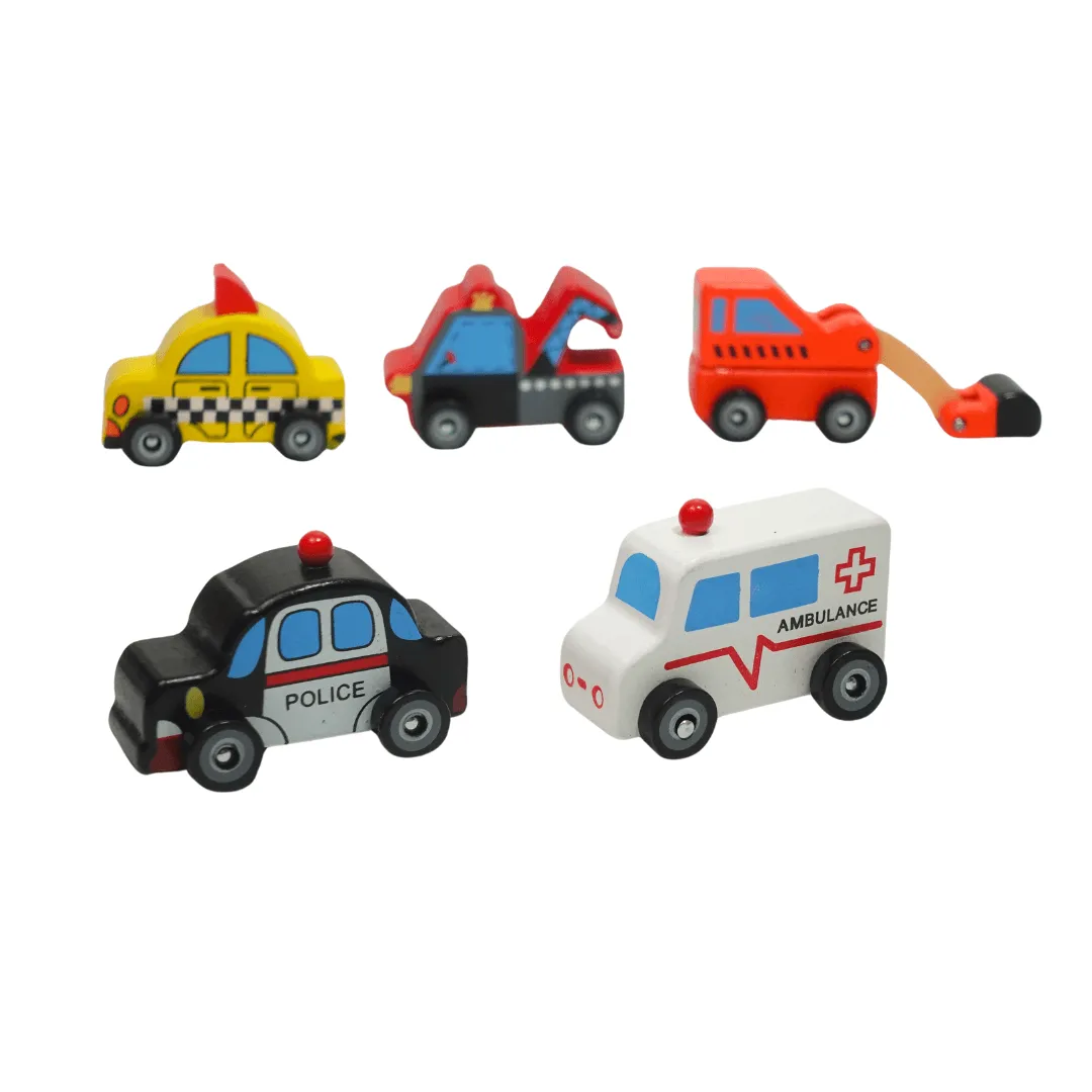 Set of 5 Adorable Medium Wooden Cars for Kids Age 3+