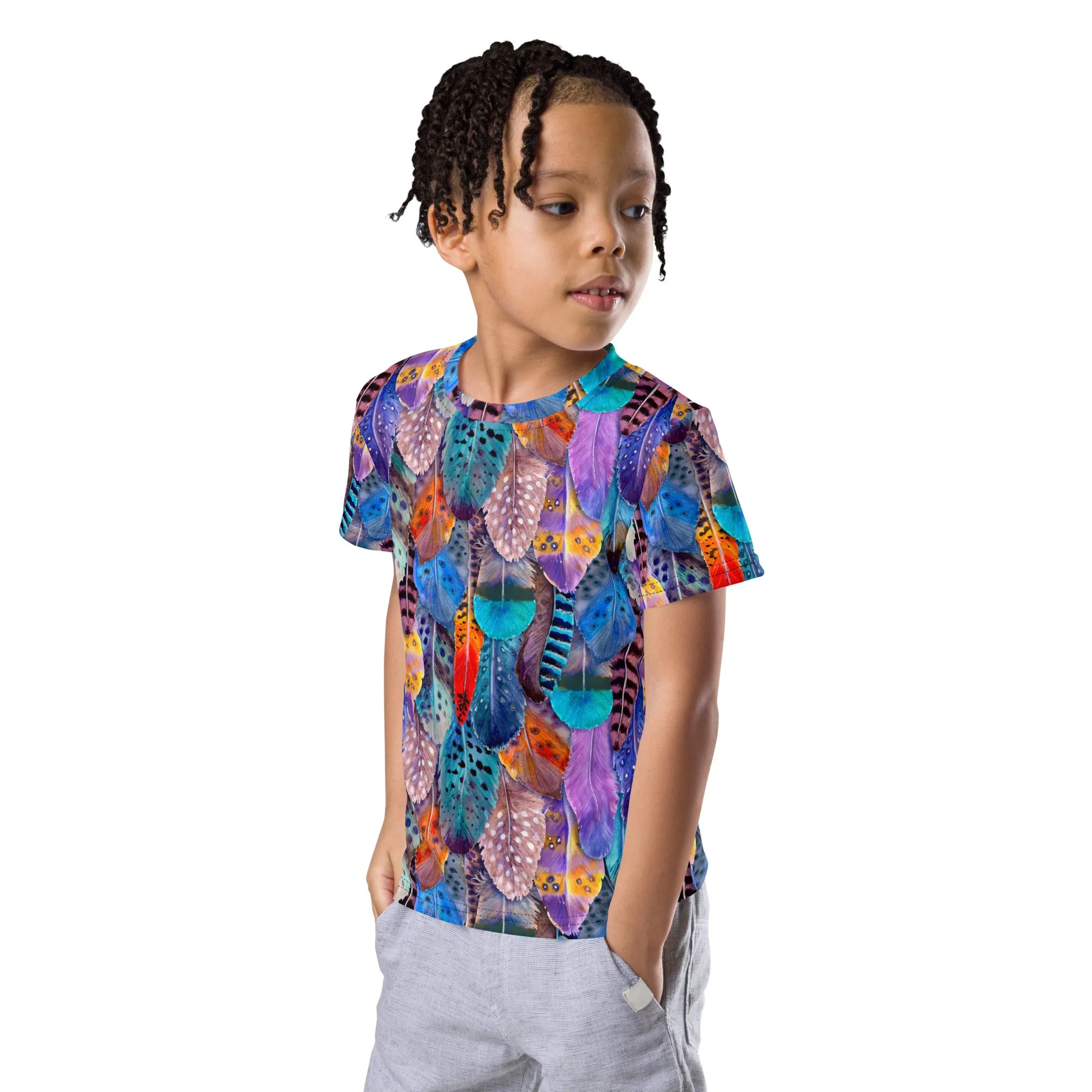 Colorful Feathers Print Kids' Crew Neck T-shirt