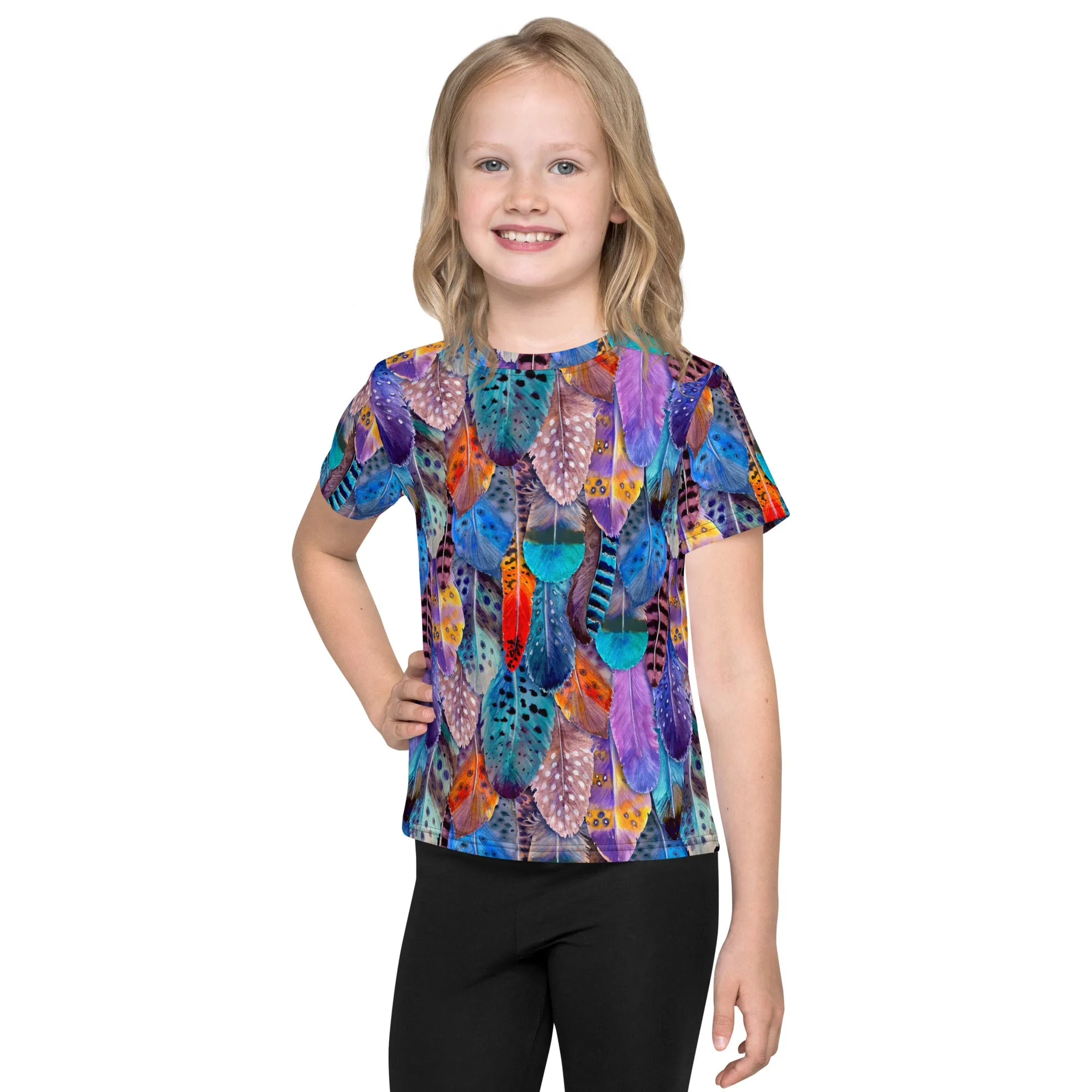 Colorful Feathers Print Kids' Crew Neck T-shirt