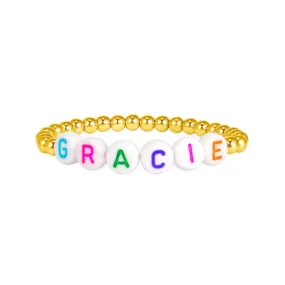 Custom White Bead Stretch Bracelet for Kids with Rainbow Letters