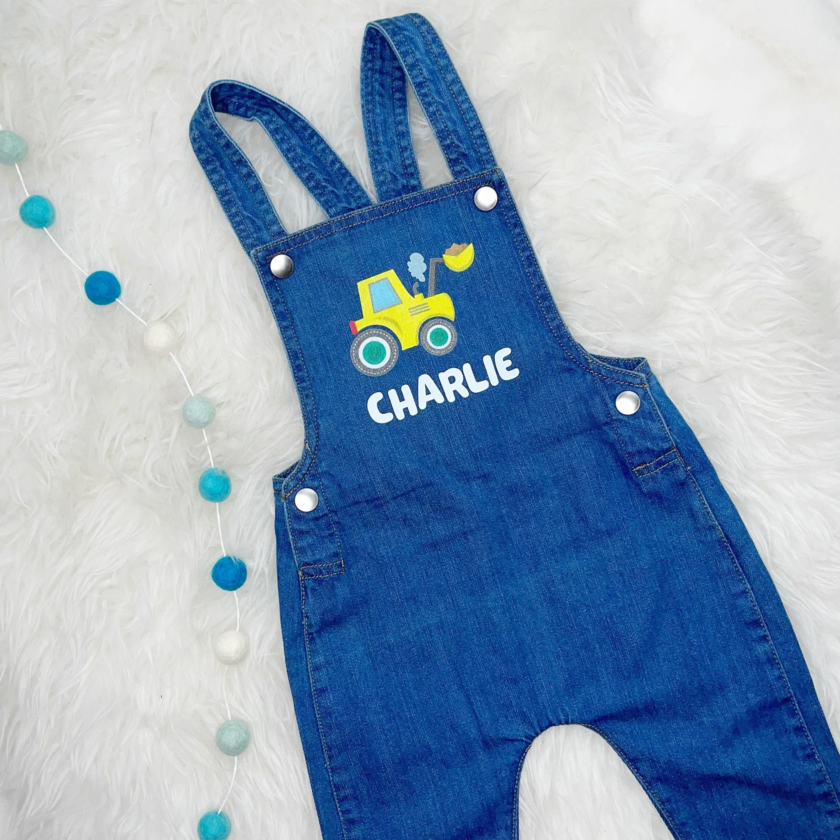 Digger Personalised Baby/Kids Denim Dungarees