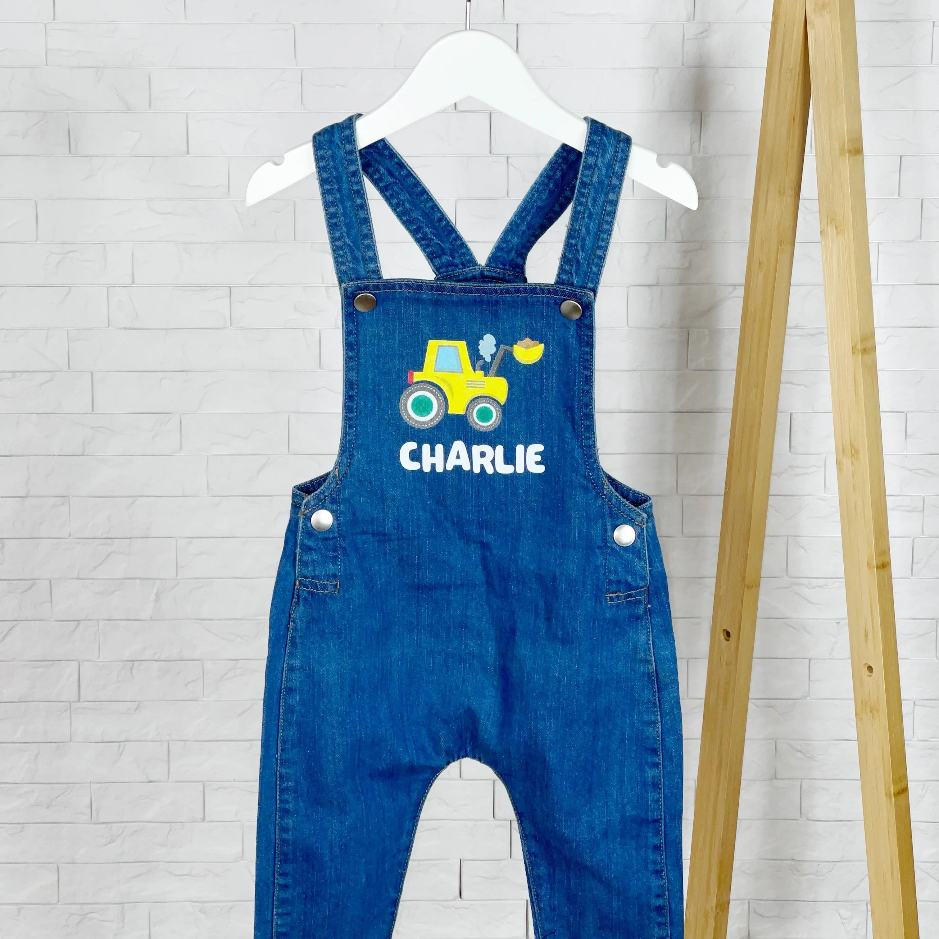 Digger Personalised Baby/Kids Denim Dungarees