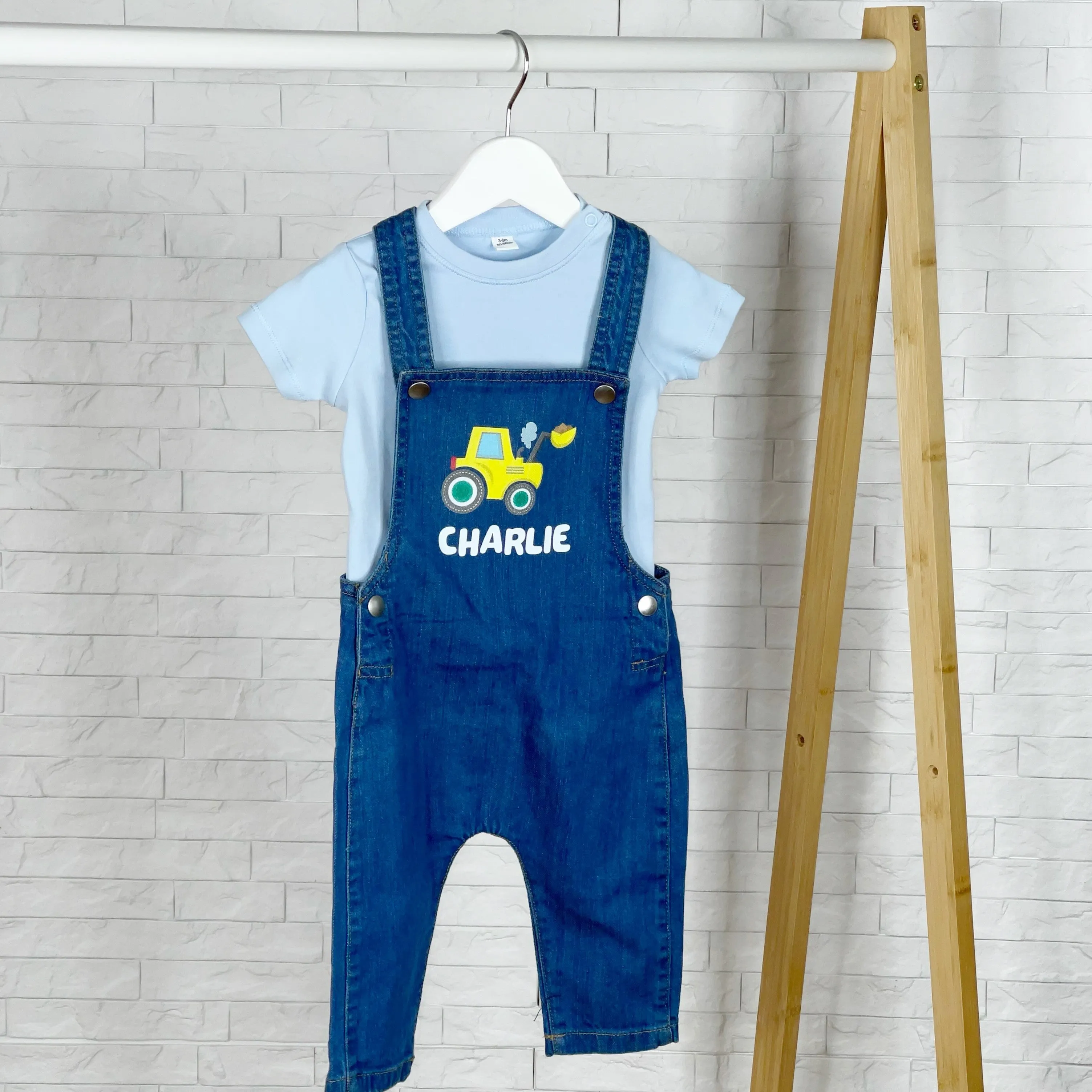 Digger Personalised Baby/Kids Denim Dungarees