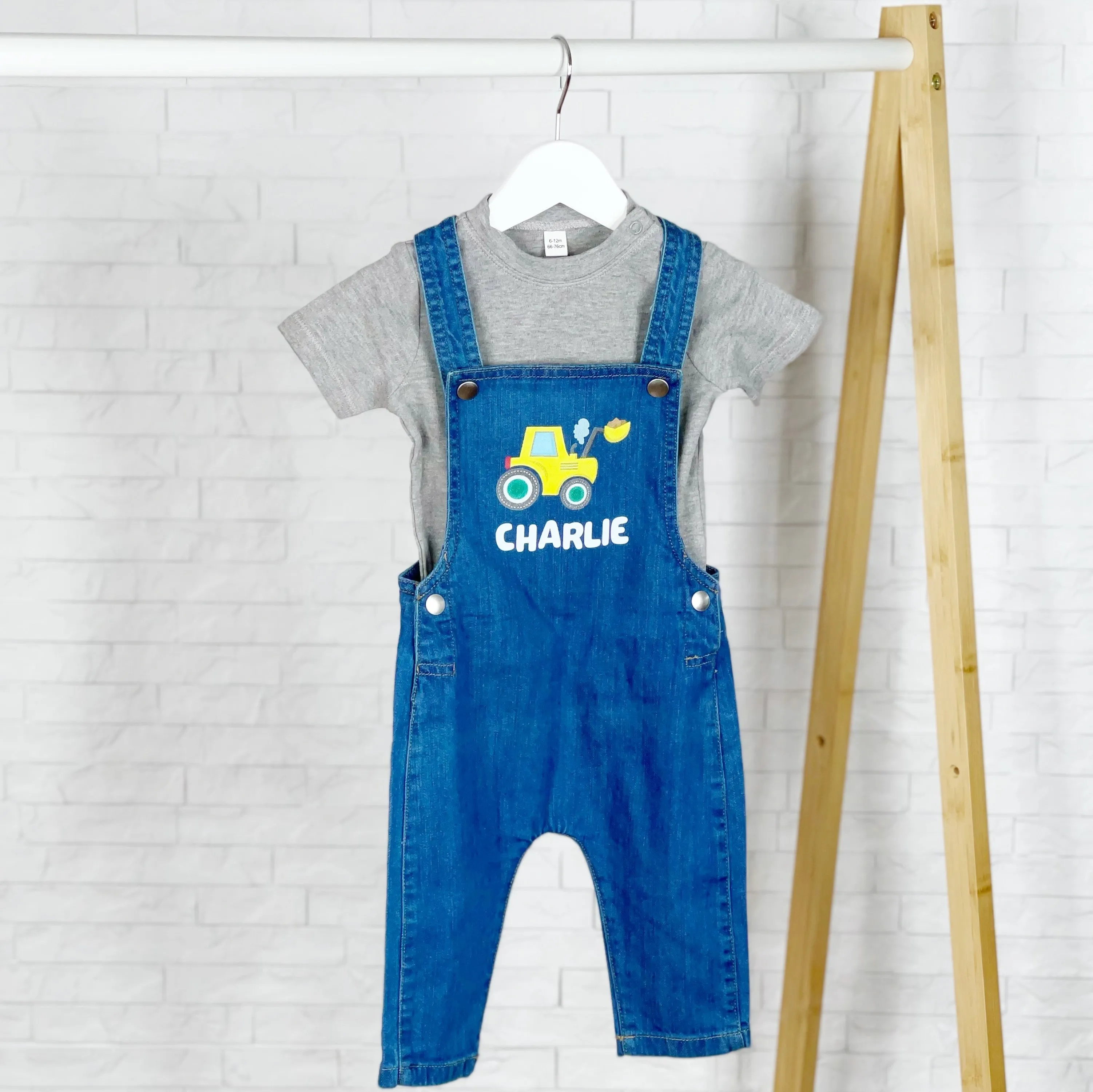 Digger Personalised Baby/Kids Denim Dungarees