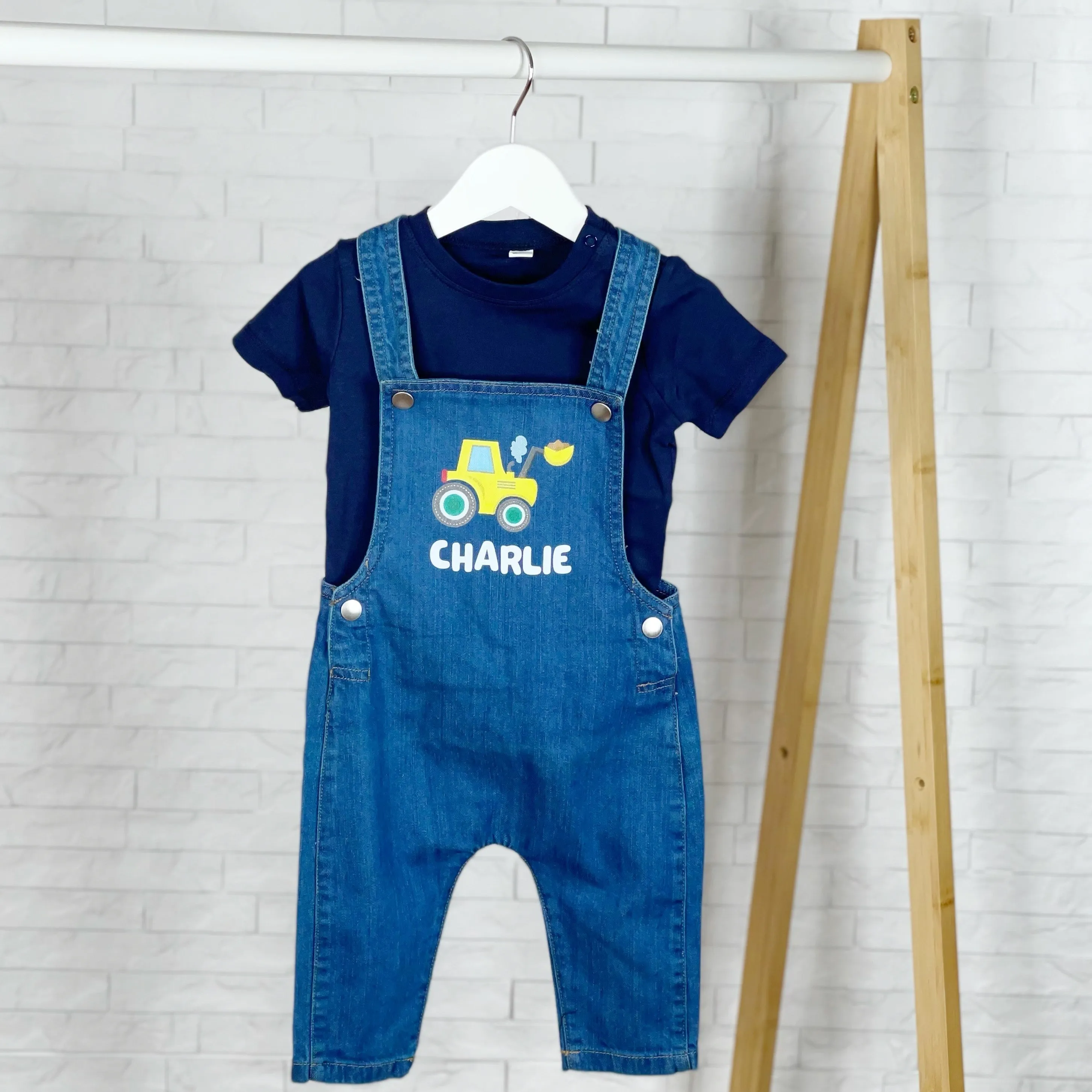 Digger Personalised Baby/Kids Denim Dungarees