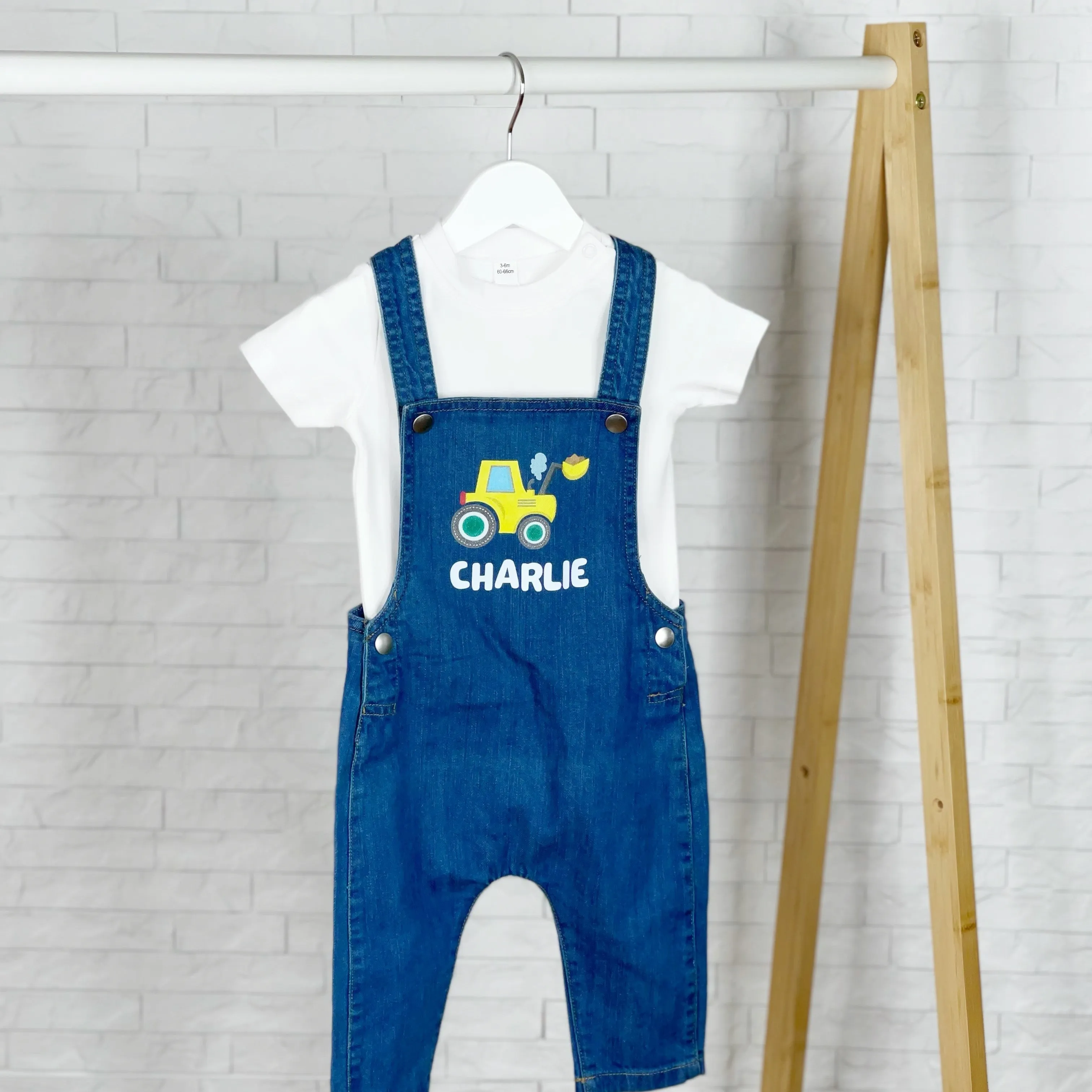 Digger Personalised Baby/Kids Denim Dungarees