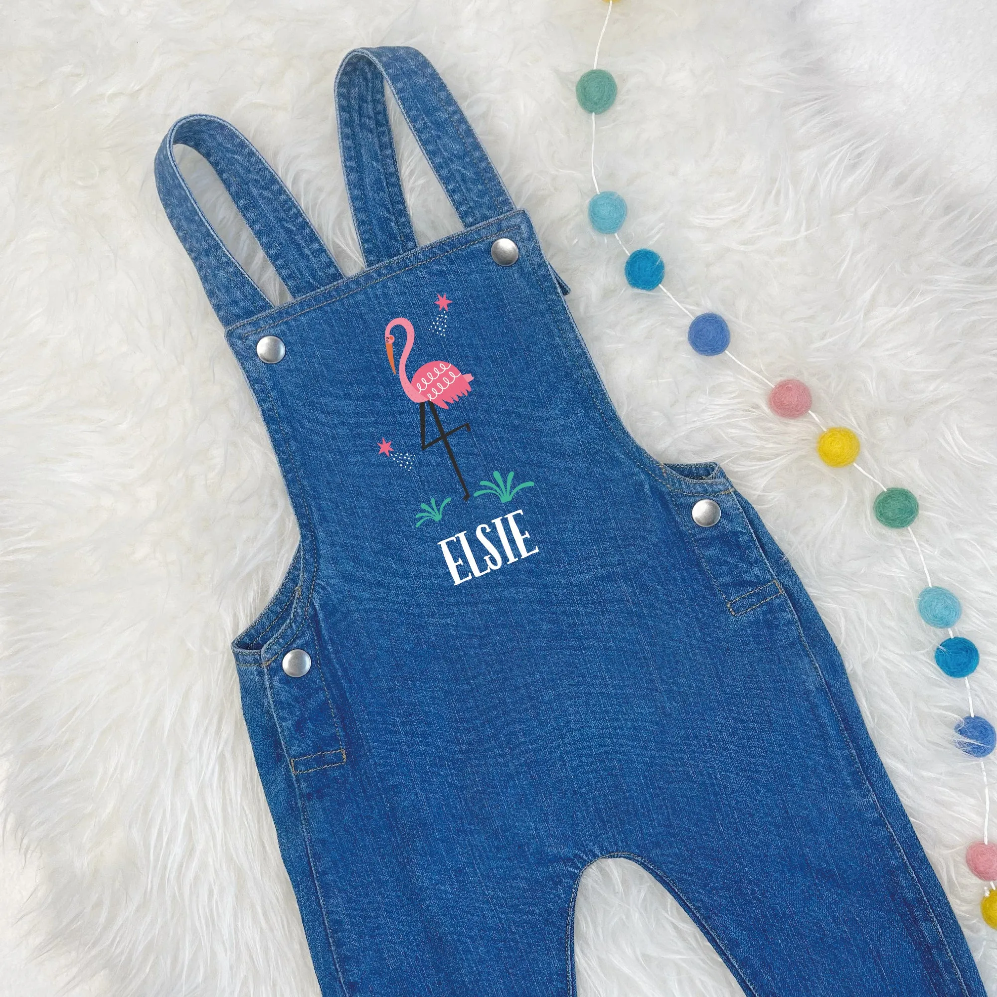 Flamingo Personalised Kids/Baby Denim Dungarees