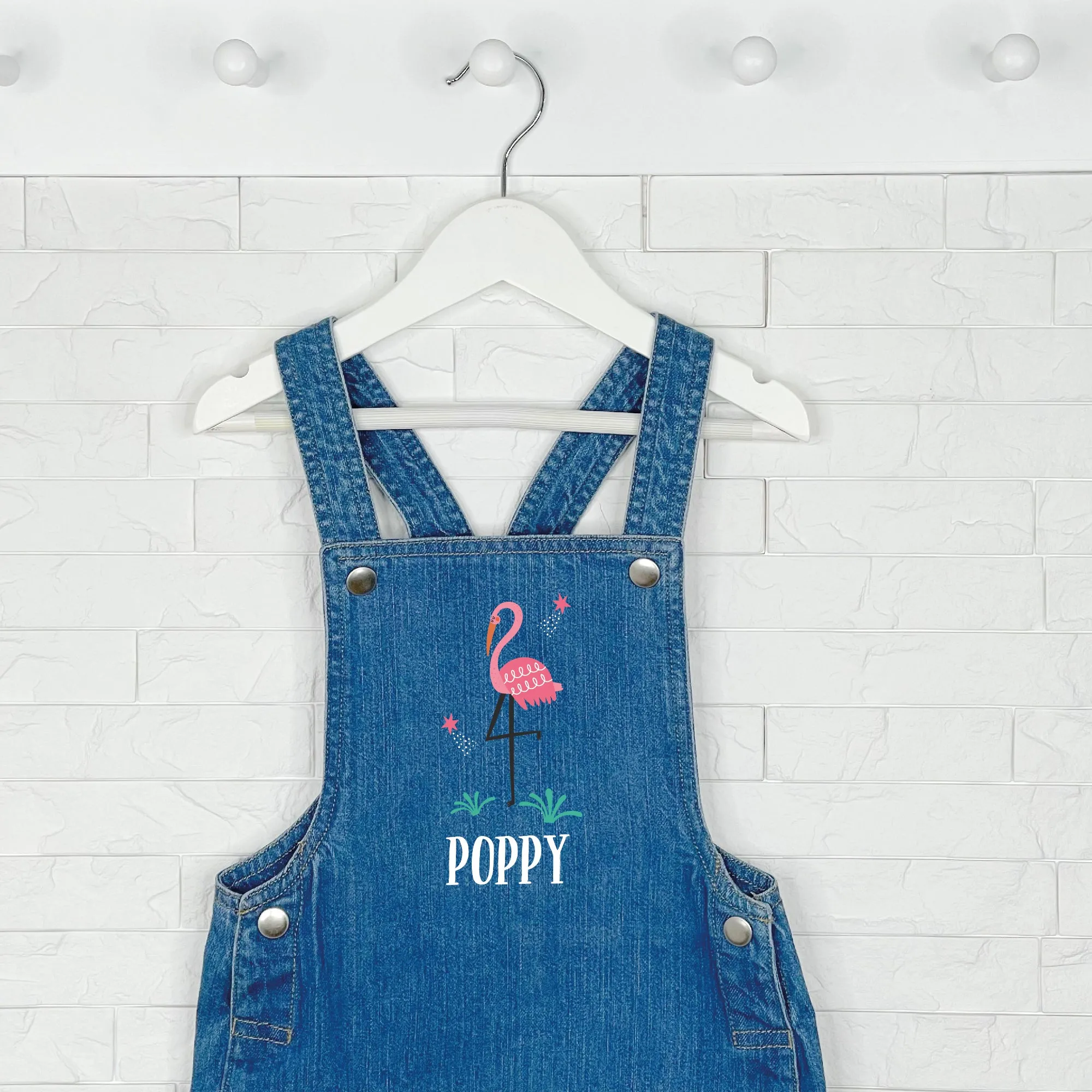 Flamingo Personalised Kids/Baby Denim Dungarees