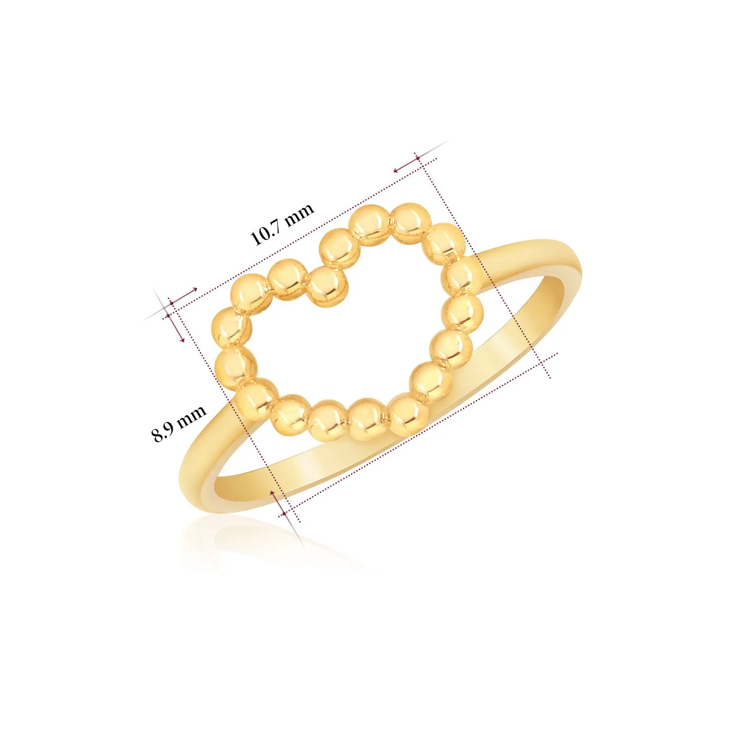 Gold Heart Outline Ring with Beaded Detail in 14K Yellow or Rose Gold