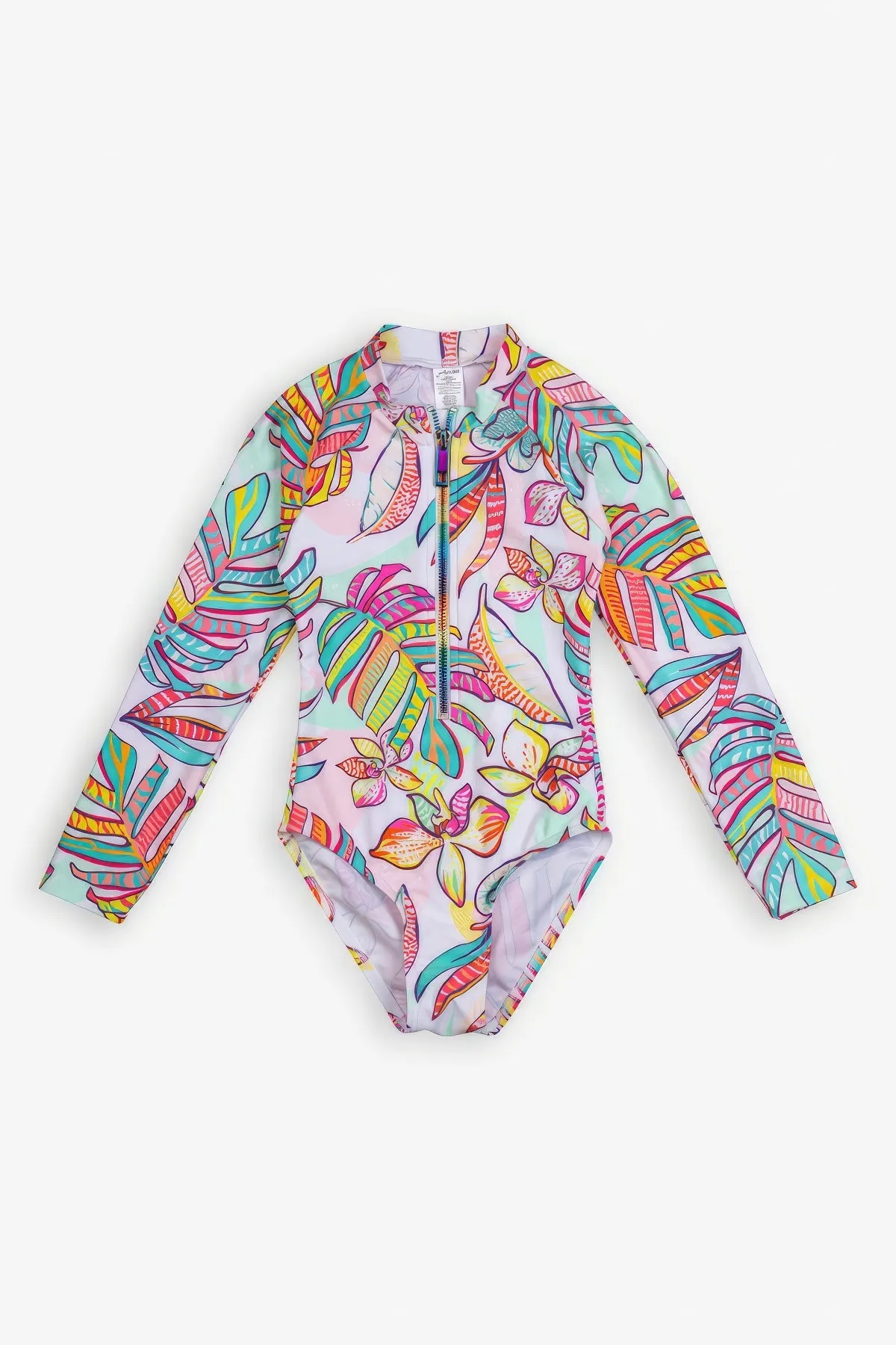 GOTTEX KIDS PALM ISLAND LONG SLEEVE ZIP UP RASH GUARD ONE PIECE SWIMSUIT