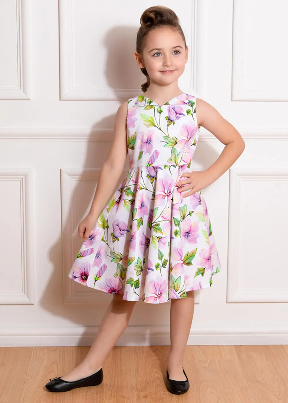 White 50's Swing Dress with Floral Design for Kids by Hearts & Roses