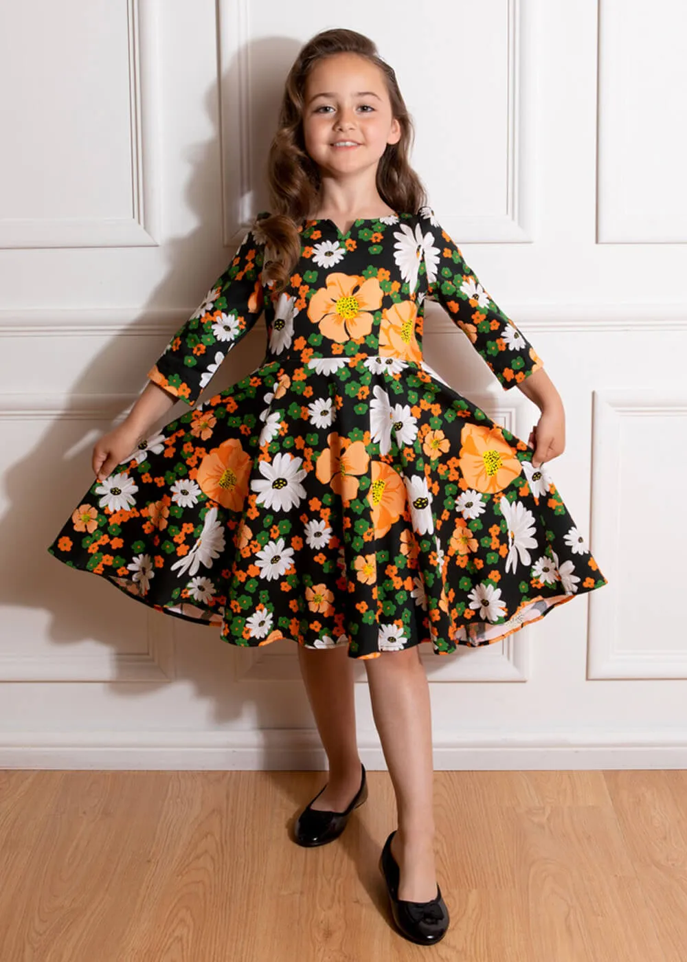 Tessa Floral 50's Swing Dress in Black for Kids by Hearts & Roses