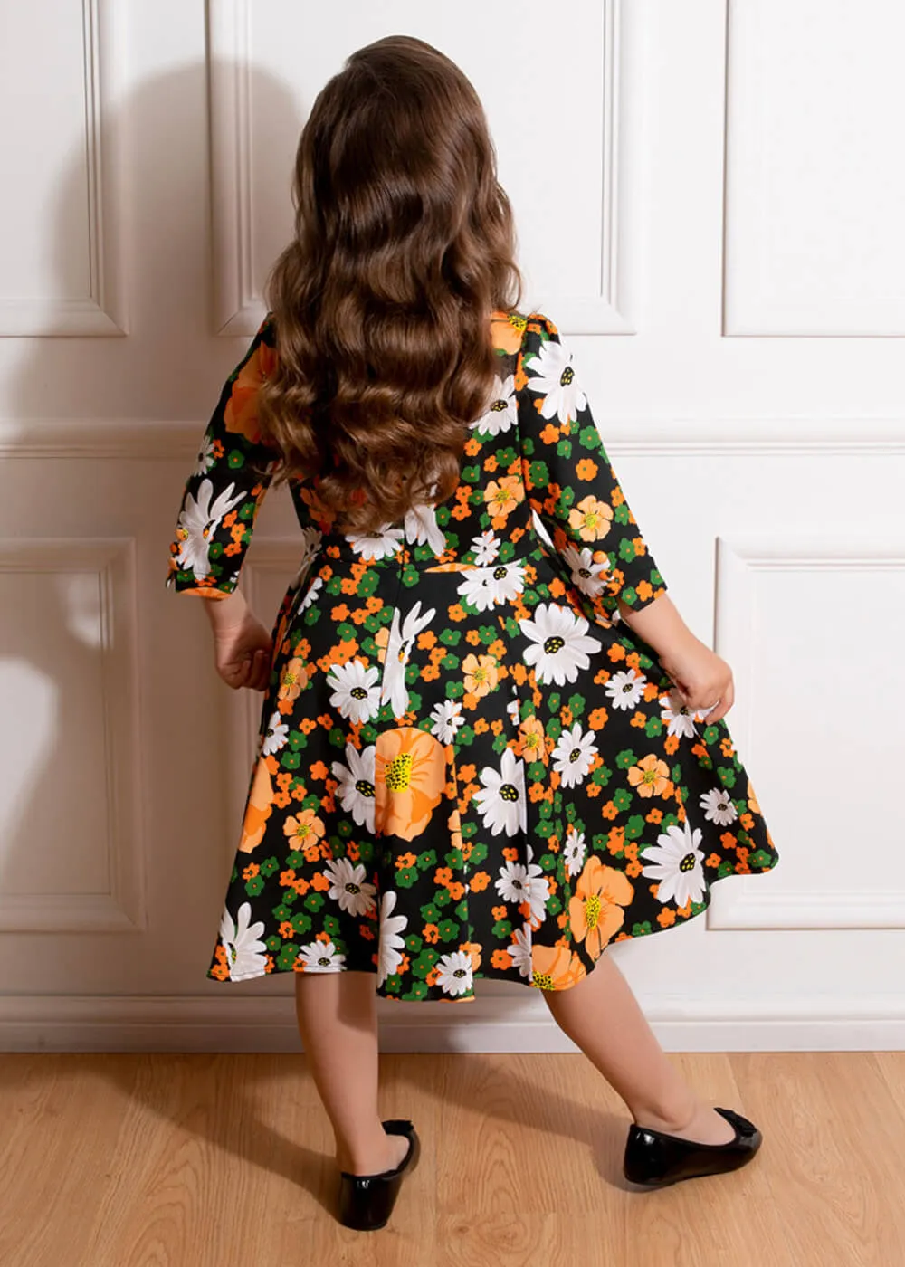 Tessa Floral 50's Swing Dress in Black for Kids by Hearts & Roses