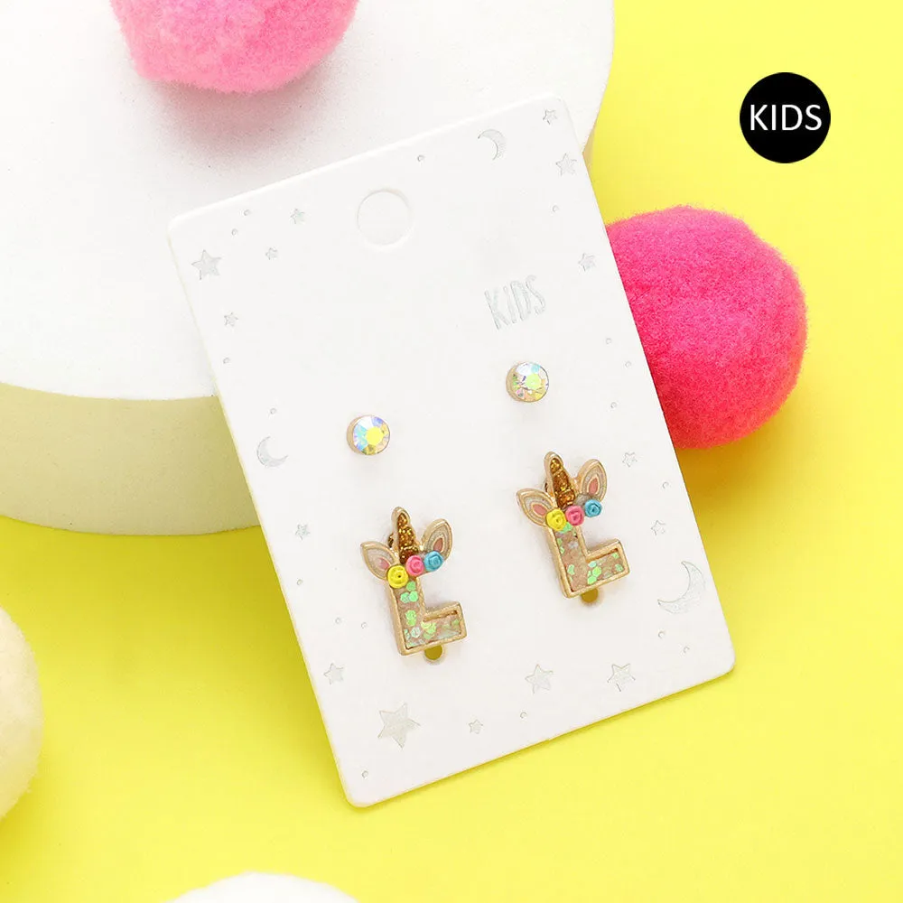 iLLASPARKZ 2 Pairs - Large Round Gemstone Unicorn Logo Stud Earrings for Children