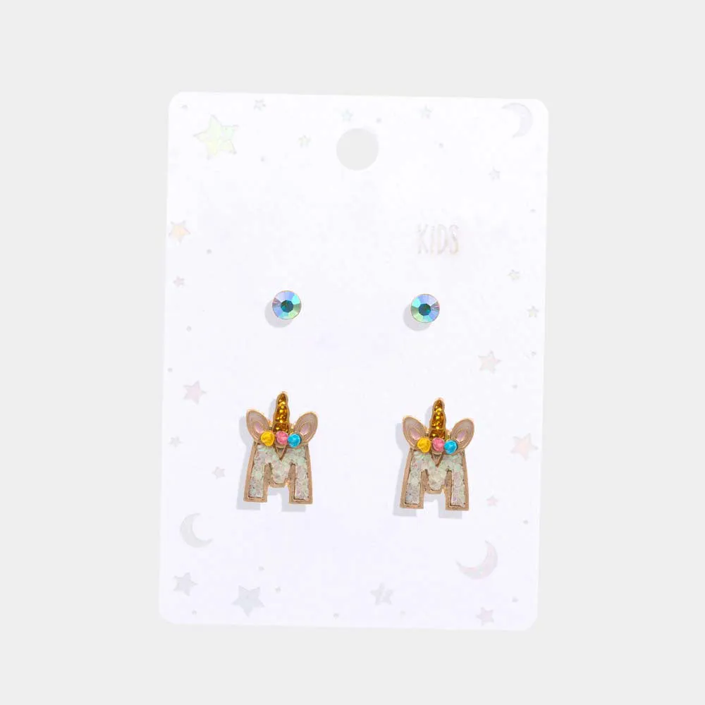 iLLASPARKZ 2 Pairs - Medium Round Gemstone Unicorn Logo Stud Earrings for Children