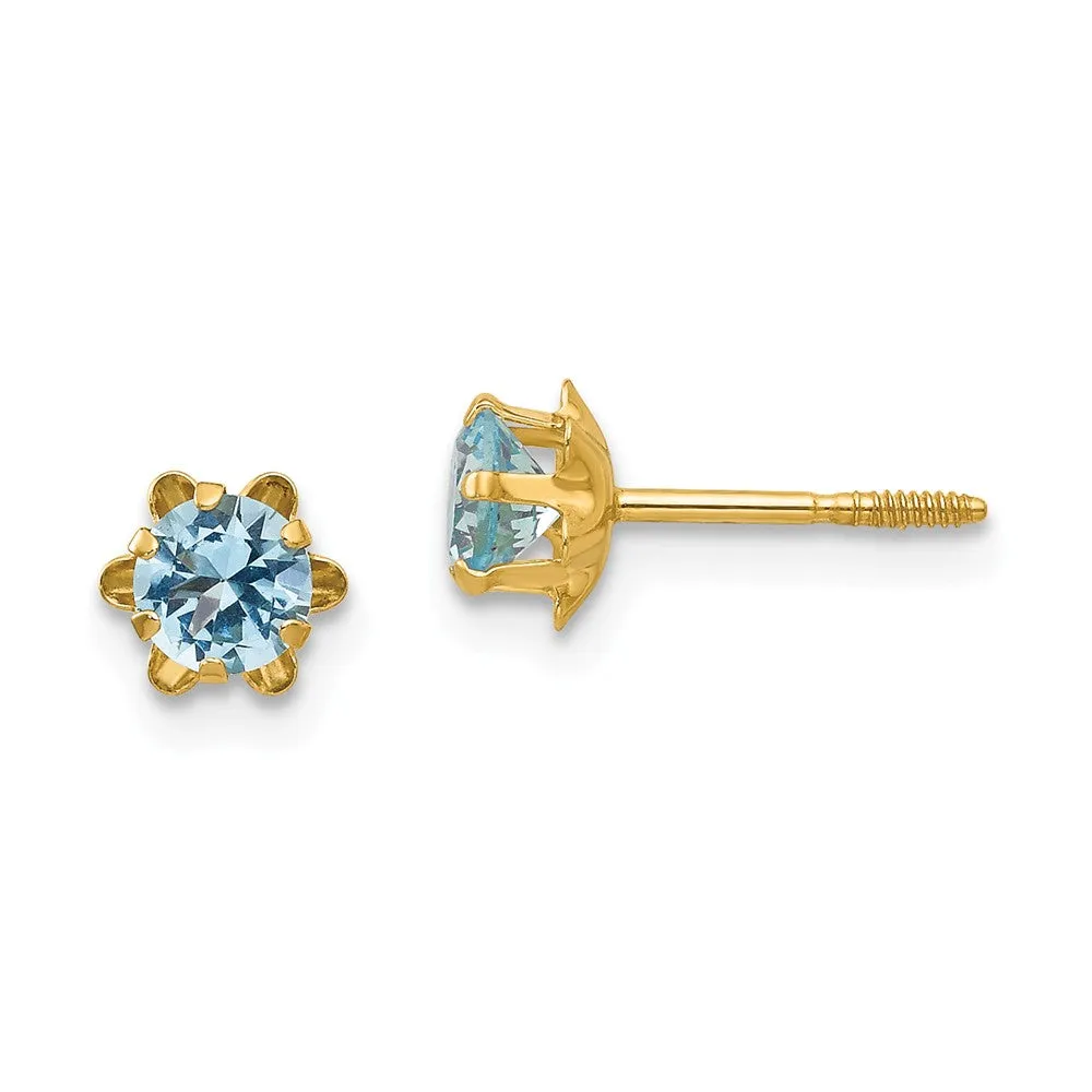 14k Yellow Gold Kids 4mm Synthetic Aquamarine Screw Back Stud Earrings