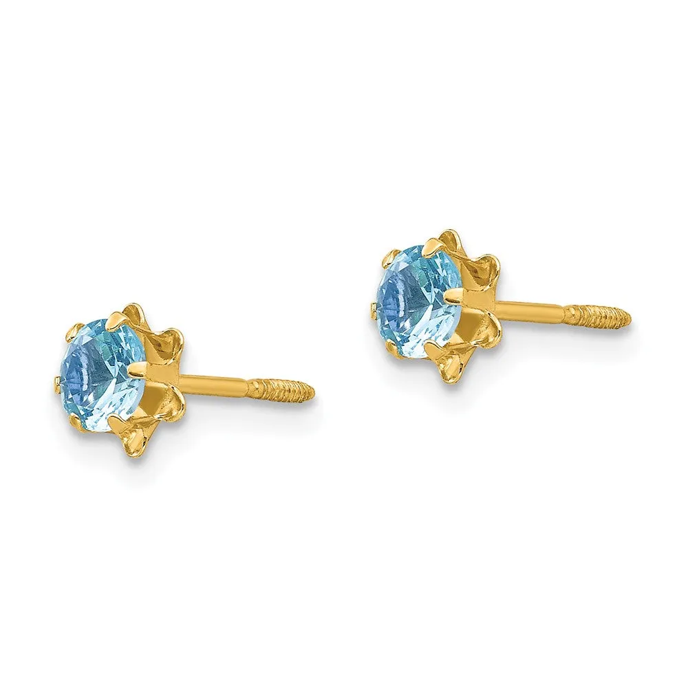 14k Yellow Gold Kids 4mm Synthetic Aquamarine Screw Back Stud Earrings