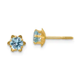 14k Yellow Gold Kids 4mm Synthetic Aquamarine Screw Back Stud Earrings