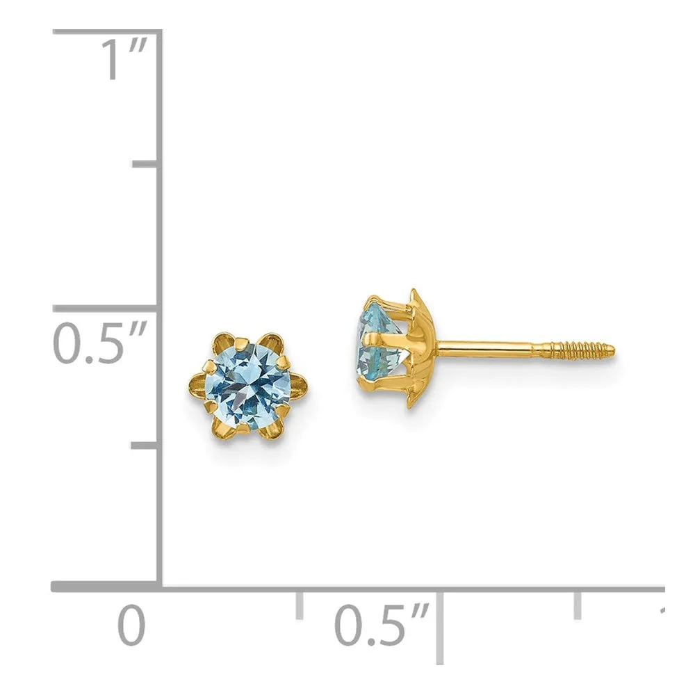 14k Yellow Gold Kids 4mm Synthetic Aquamarine Screw Back Stud Earrings