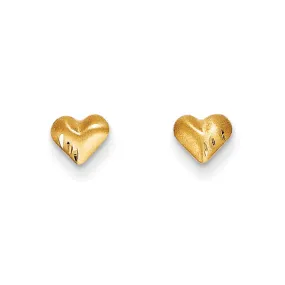 Yellow Gold Heart Earrings for Kids with Satin Finish and Diamond-Cut Design