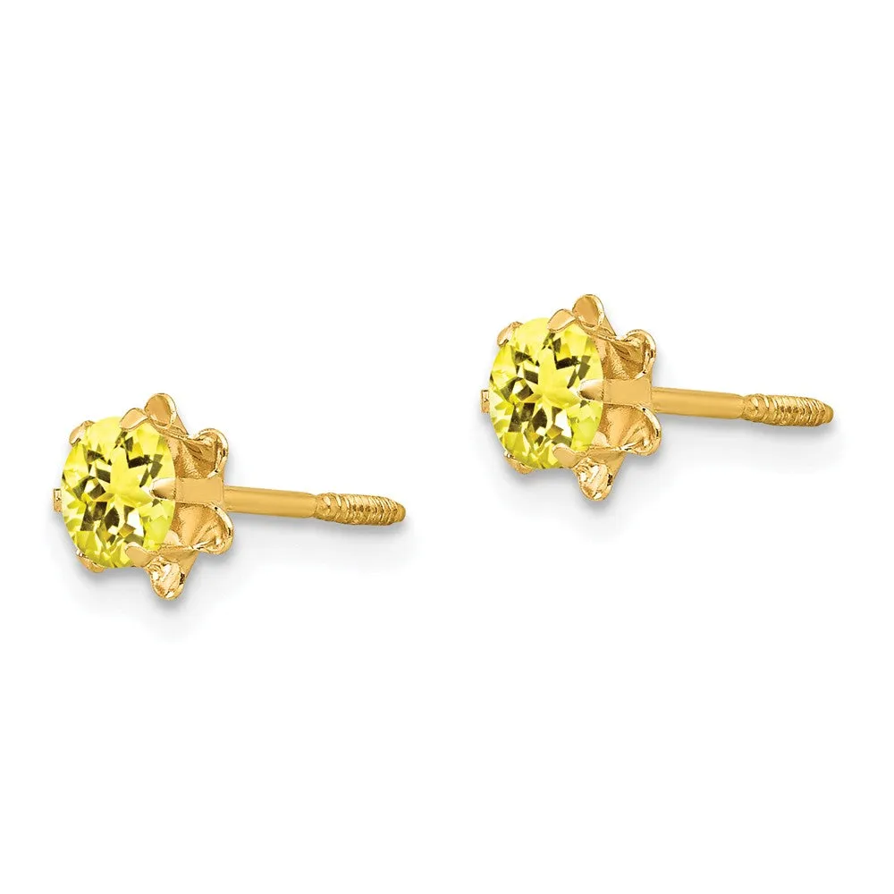 4mm Synthetic Citrine Stud Earrings in Yellow Gold for Kids