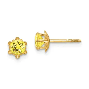 4mm Synthetic Citrine Stud Earrings in Yellow Gold for Kids