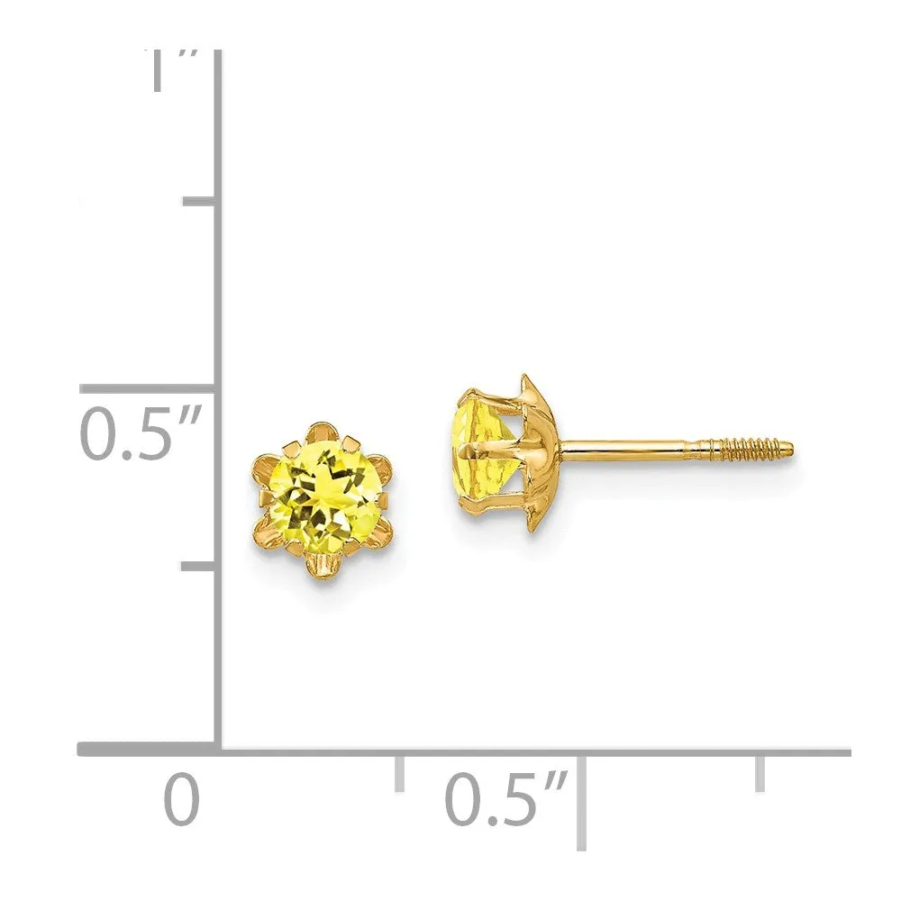 4mm Synthetic Citrine Stud Earrings in Yellow Gold for Kids