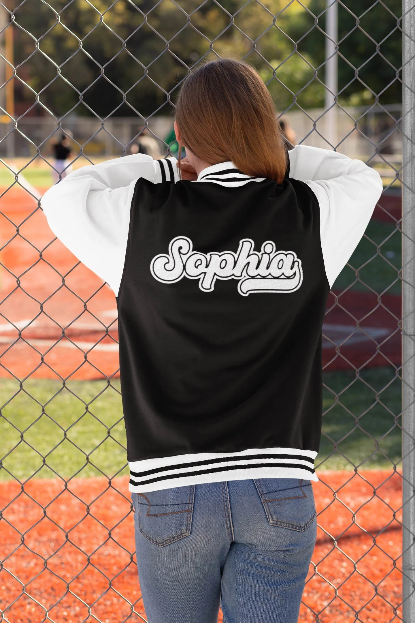 Kids and Adults Personalised Black & White Varsity Jacket Name Initial Date Established