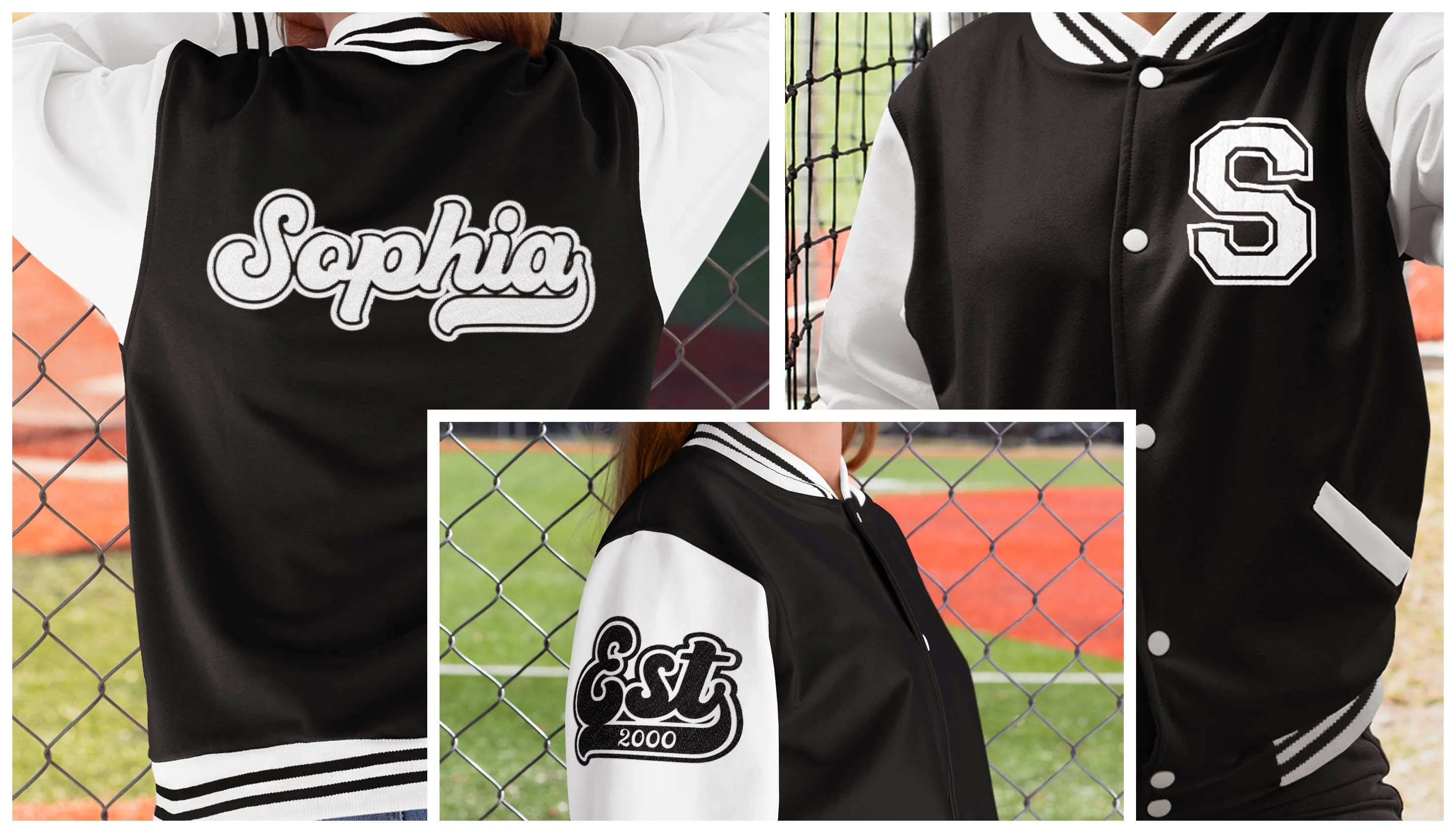 Kids and Adults Personalised Black & White Varsity Jacket Name Initial Date Established