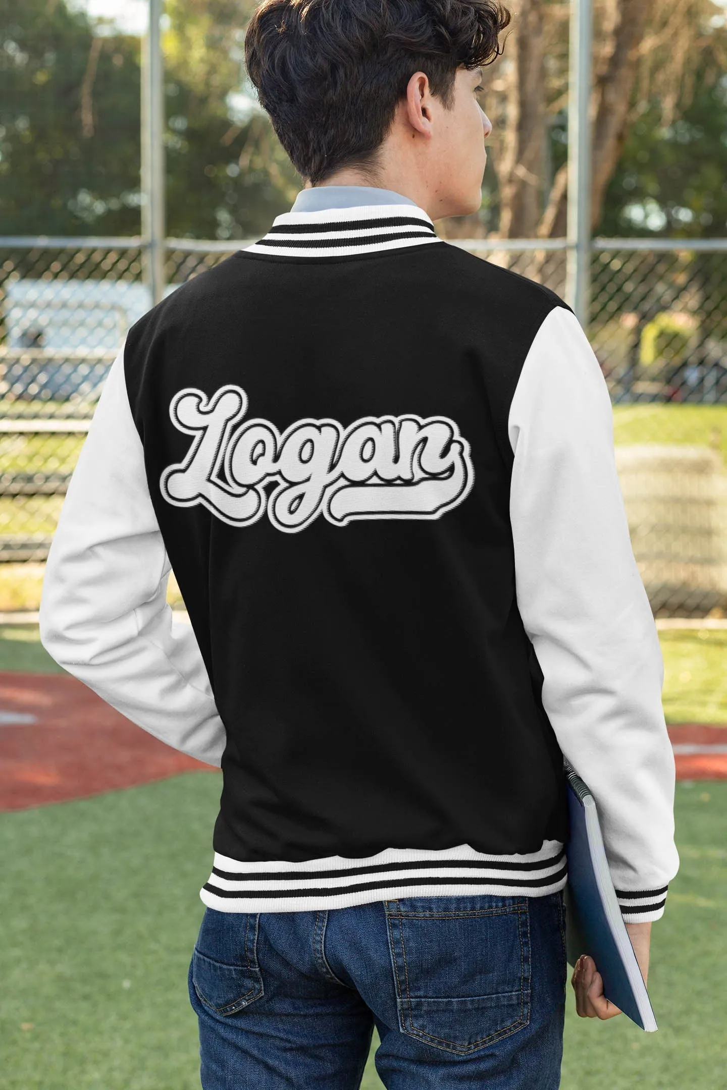 Kids and Adults Personalised Black & White Varsity Jacket Name Initial Date Established