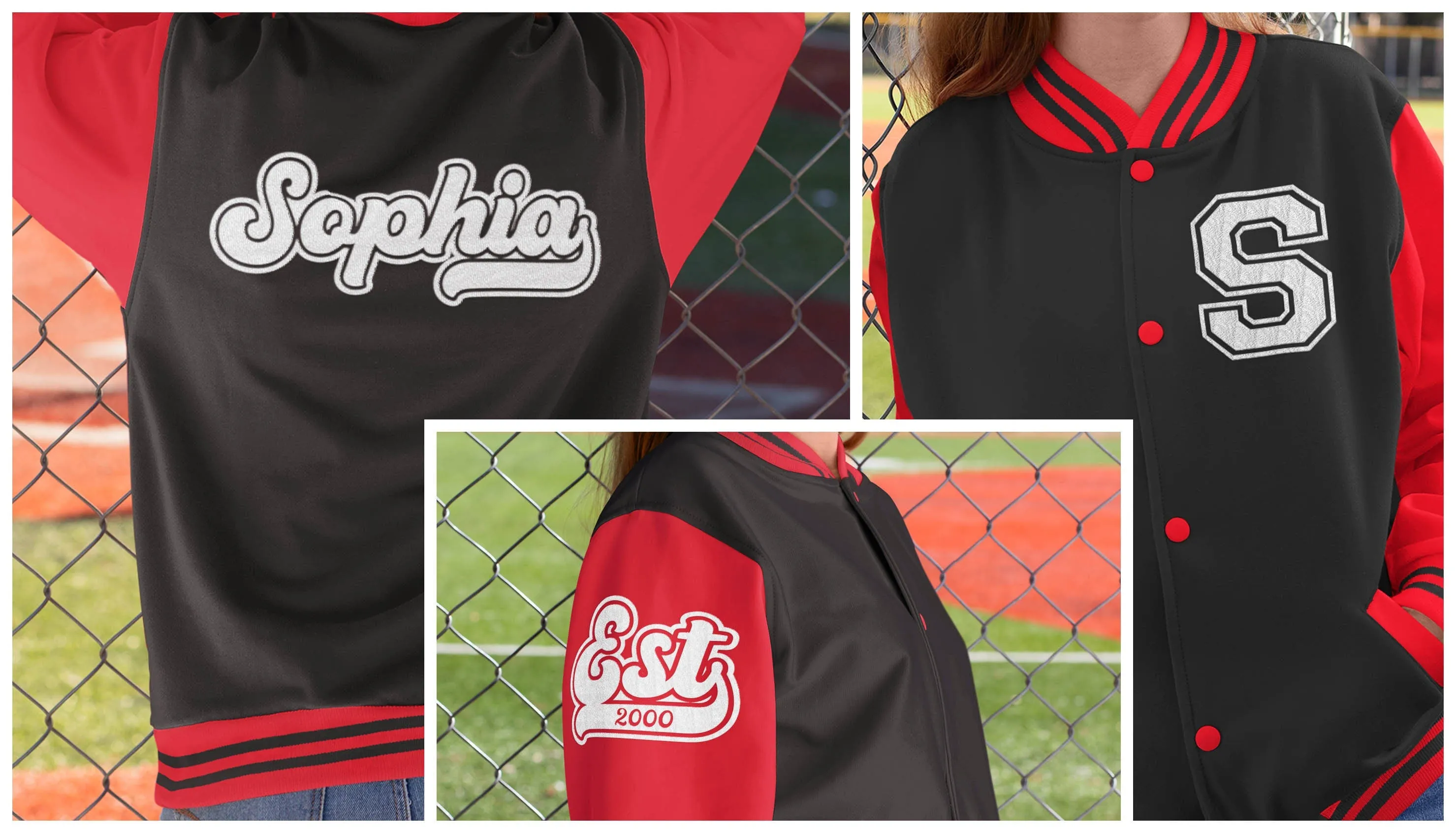 Kids and Adults Personalised Varsity Jacket Name Initial Date Established Black Body Red Arms