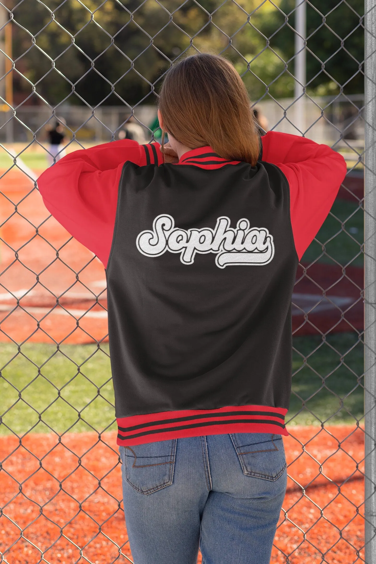 Kids and Adults Personalised Varsity Jacket Name Initial Date Established Black Body Red Arms