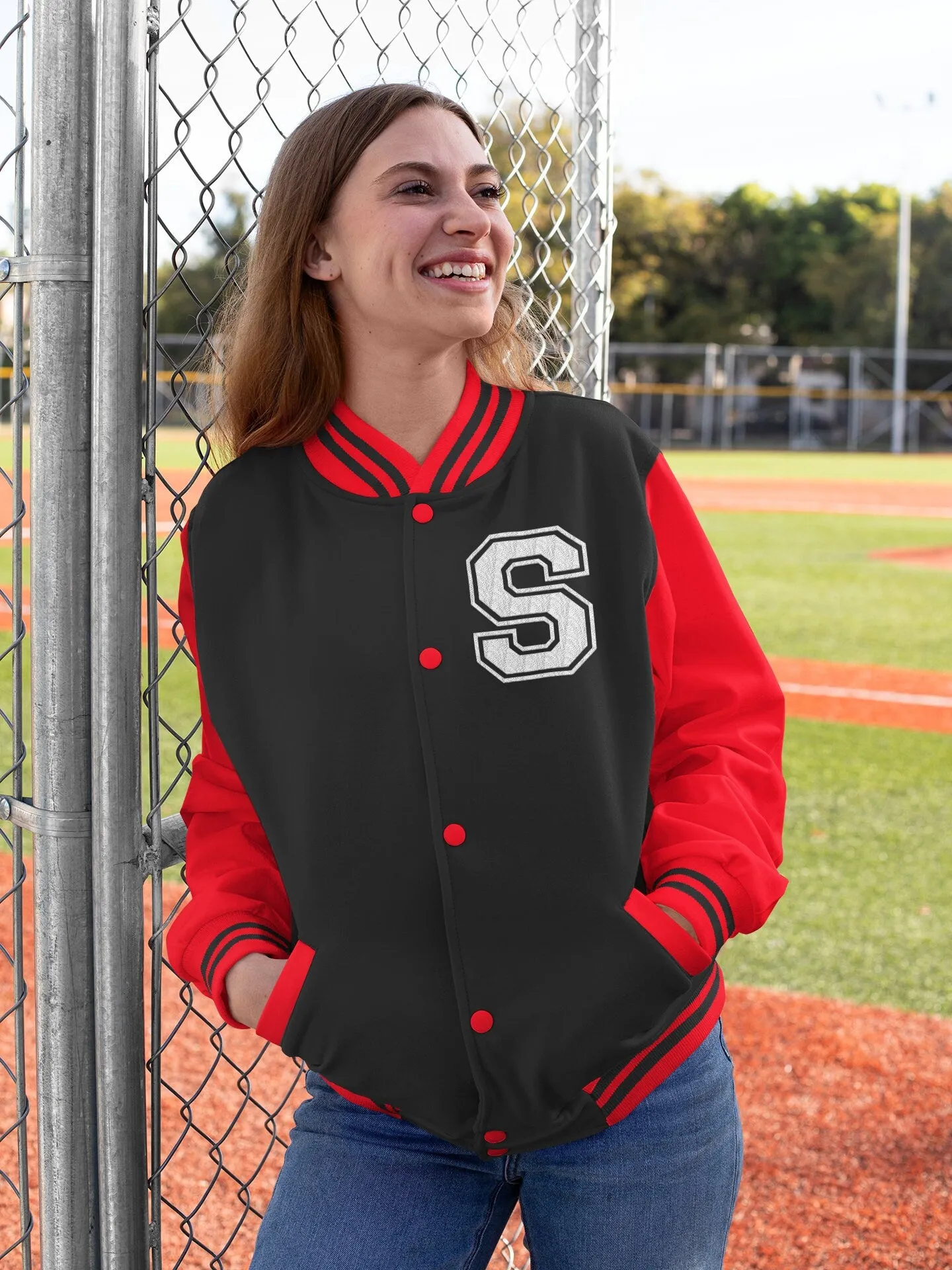 Kids and Adults Personalised Varsity Jacket Name Initial Date Established Black Body Red Arms