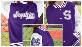 Kids and Adults Personalised Varsity Jacket Name Initial Date Established Purple Body White Arms